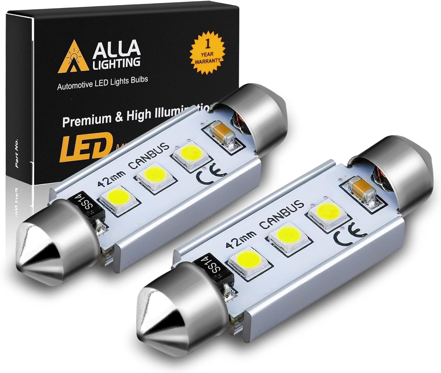 Alla Lighting 41mm/42mm 578 211-2 212-2 LED Festoon Bulbs, 6000K Xenon White CAN-Bus Interior Dome, Map, Trunk, Step Courtesy Lights Lamps