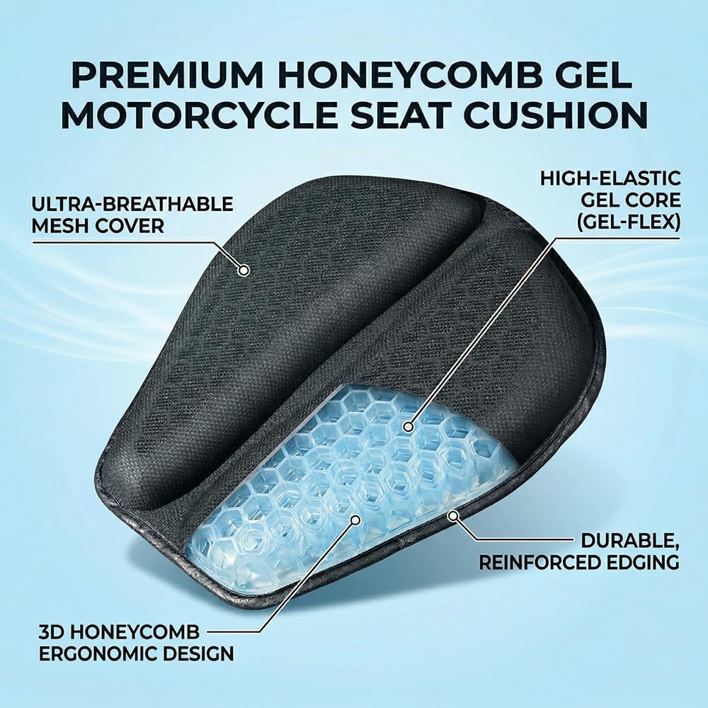 Motorcycle Seat Cushion Gel Pad for Indian Pursuit Dark Horse 2022-2025 3D Honeycomb Breathable Cooling Seat Cover Shock Absorption Pressure Relief Anti Slip Straps