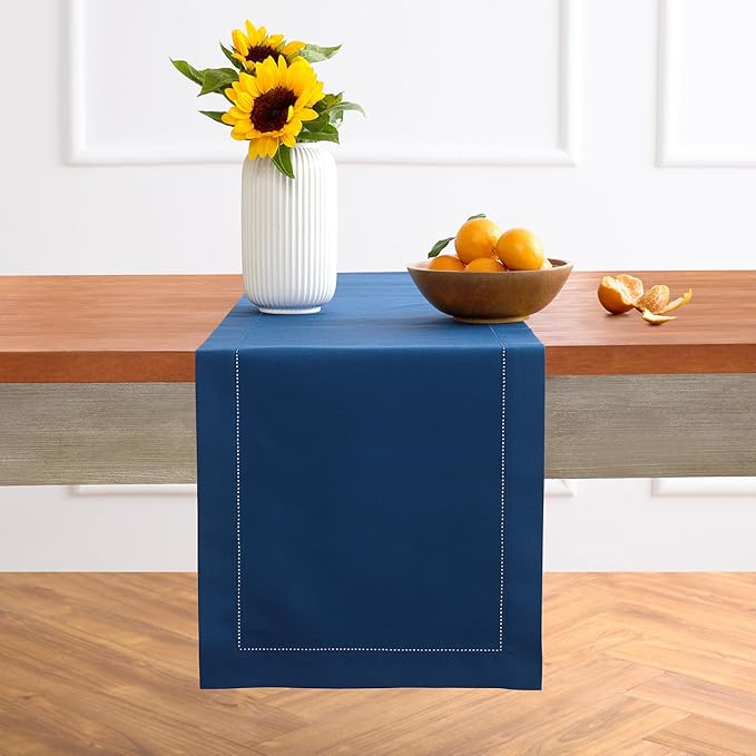 Solino Home Cotton Linen Table Runner 60 Inches - Lapis Blue Hemstitch Table Runner 14 x 60 Inch Ideal for Dresser and Coffee Tables - Fall, Autumn, Halloween