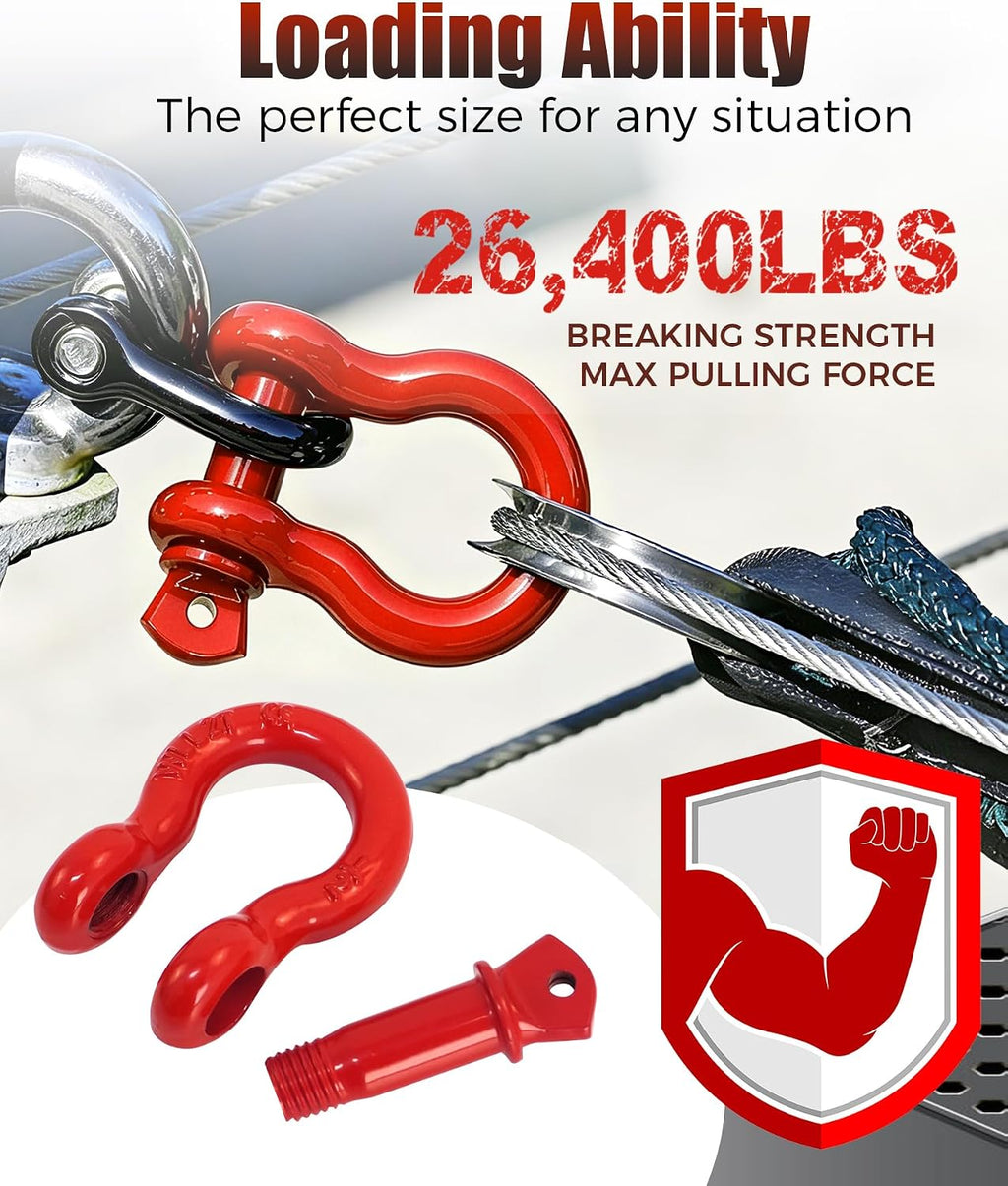 2 Pack Red D Ring Recovery Shackles 1/2" with 9/16" Screw Pin, 26,400 lbs Break Strength Heavy Duty Tow Shackles for Winch, Off Road Jeep, Truck, SUV, ATV, UTV