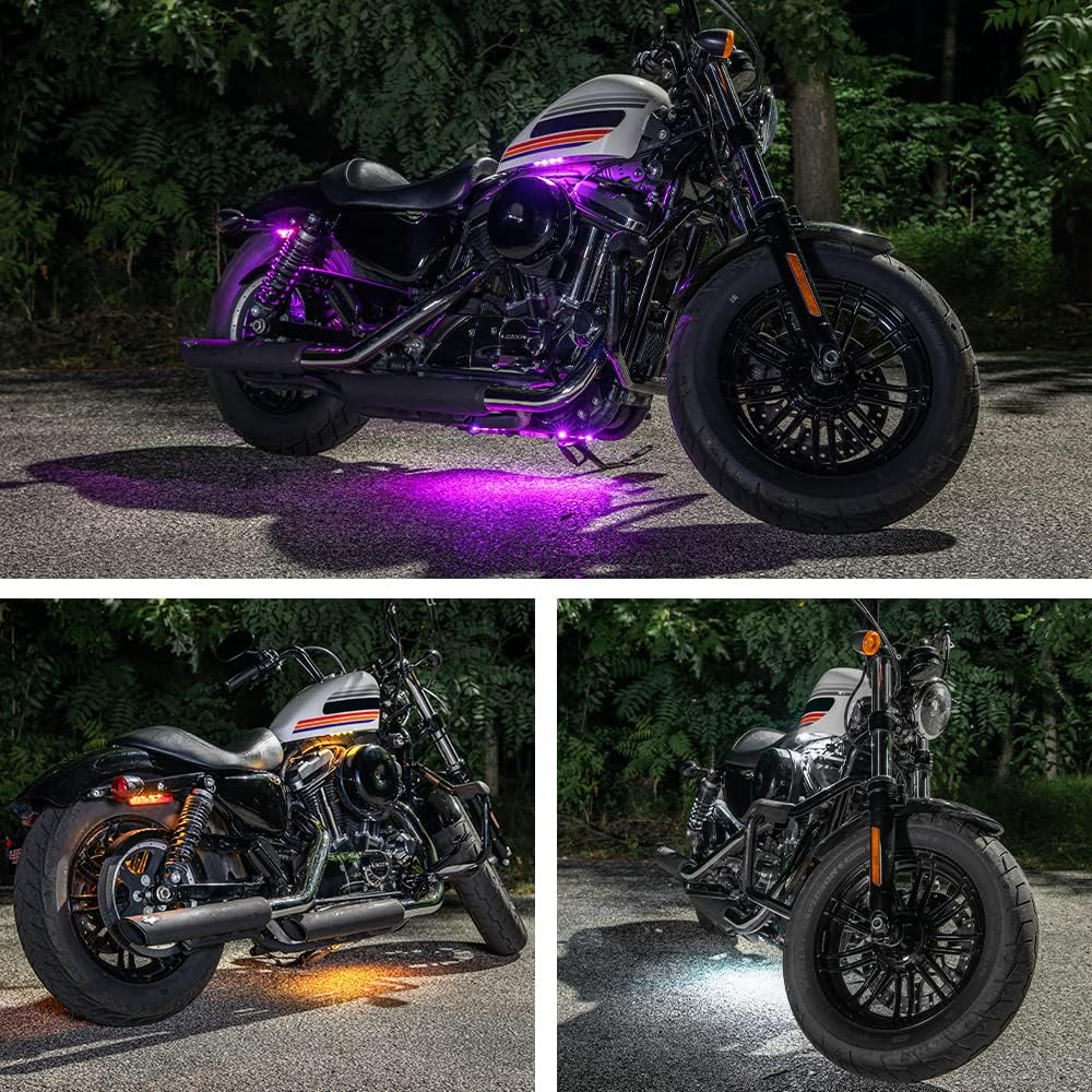 LEDGlow 8pc Advanced Million Color Mini LED Motorcycle Accent Underlow Light Kit - 15 Solid Colors - 6 Patterns - 4" Multi-Color Flexible Strips - Includes Waterproof Control Box & Wireless Remote