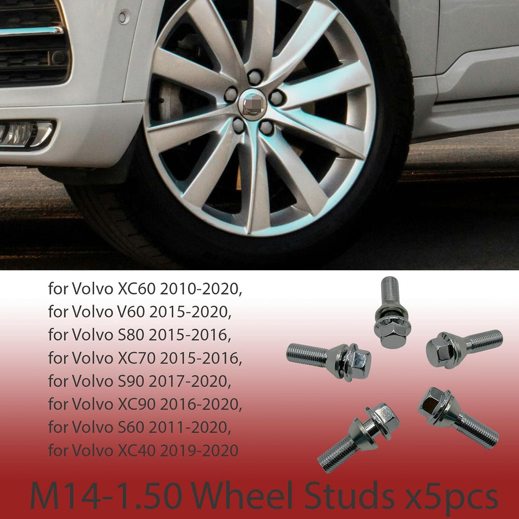 5Pcs M14x1.5 Wheel Lug Stud Bolts for Volvo XC60 V60 S80 31423735 | for Volvo XC70 S90 XC90 S60 XC40, Front Rear, Replace Wheel Tire Screws Steel Lug Nuts Hub