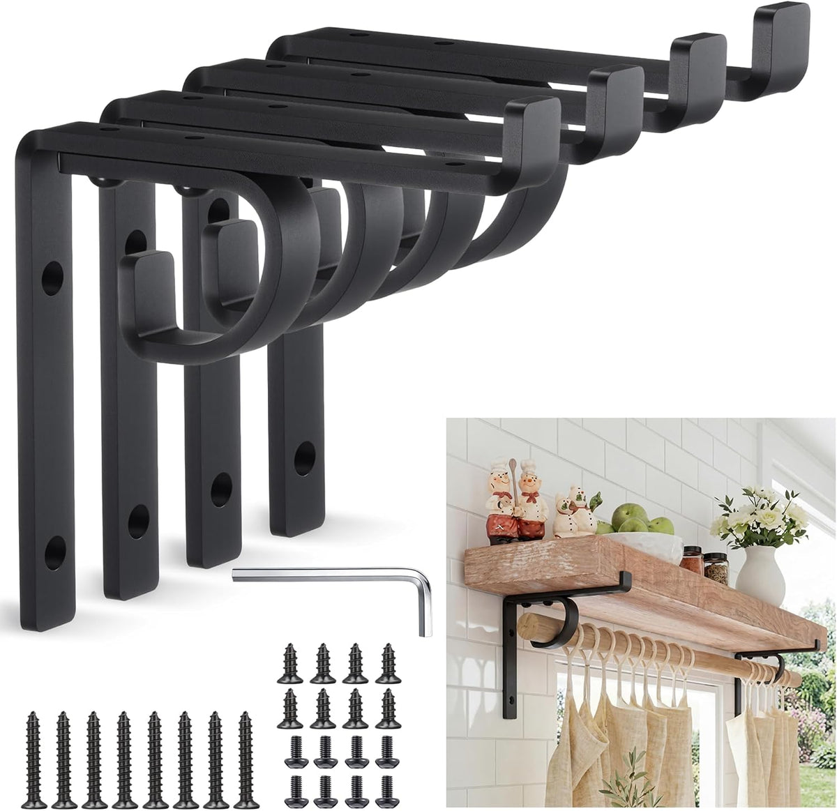 hicarer 4 pcs single shelf brackets with curtain, main product view