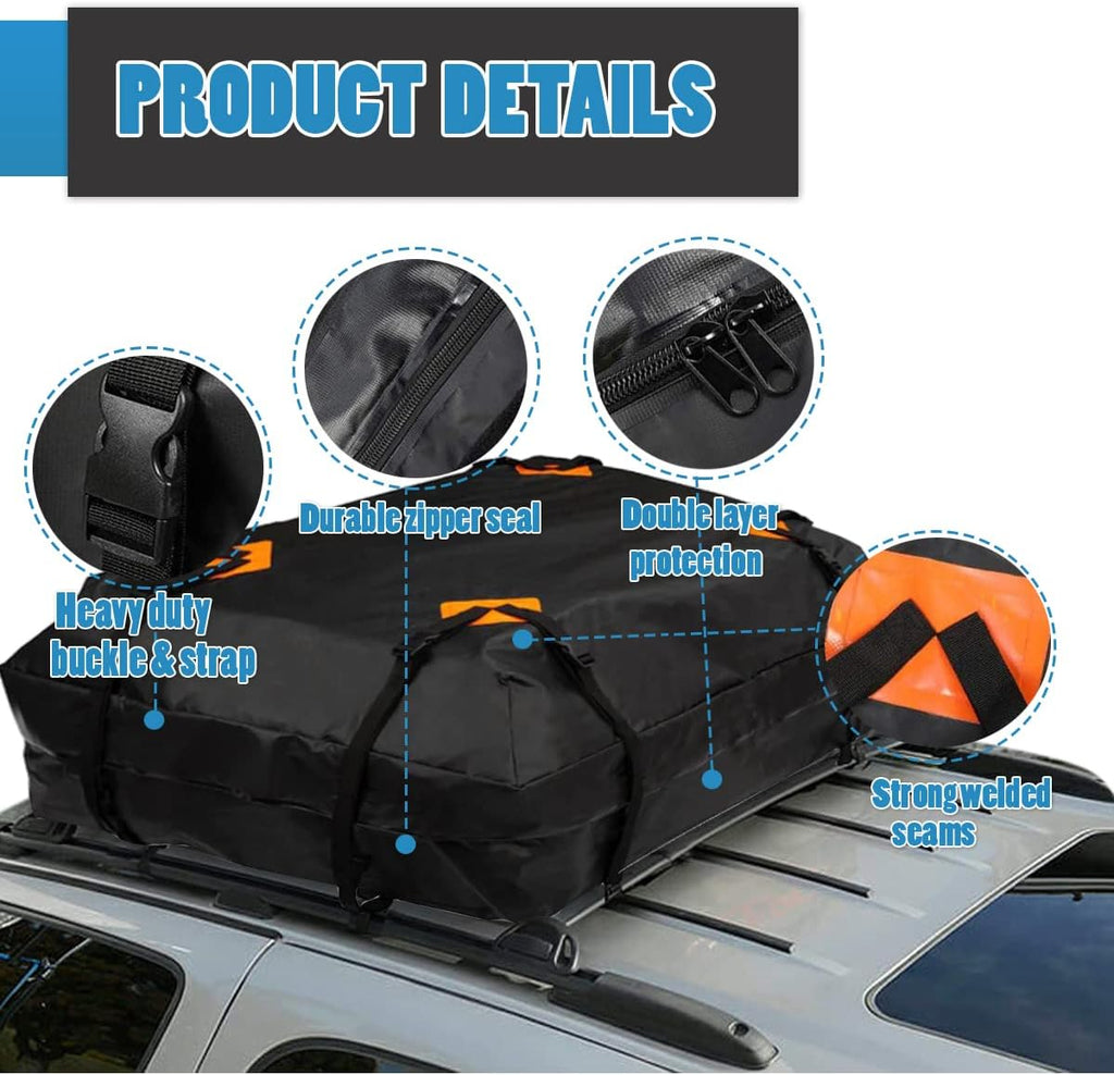 VaygWay 15 Cubic Feet Car Rooftop Cargo Carrier Bag – Black Waterproof Heavy Duty Car Roof Cargo Bag –Perfect for Vehicle with/Without Rack– Universal Car SUV Roof Top Traveling Camping Luggage Bag