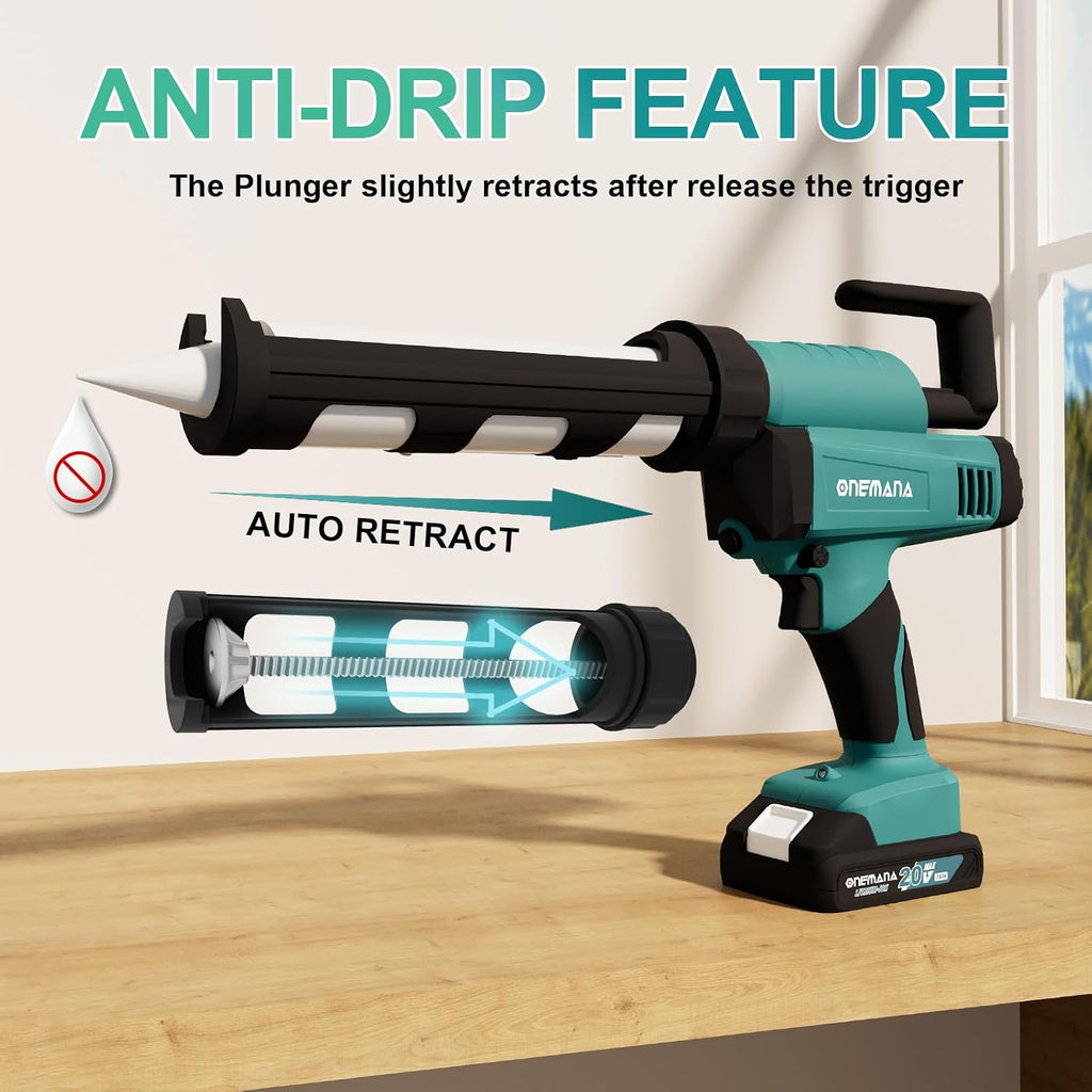 caulk gun 20v auto retract drip-free caulking gun, close-up detail