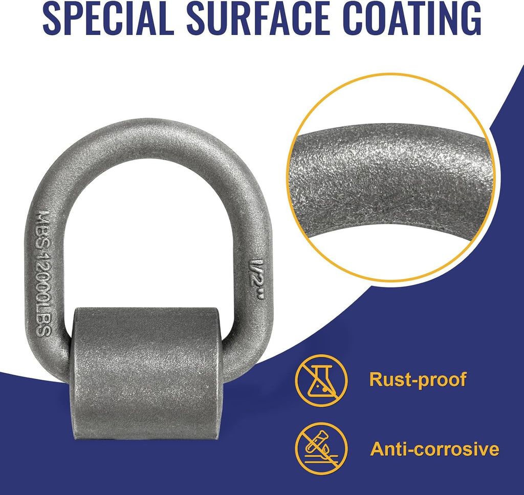 Grandroad auto 20 Pack Weld-On Forged D Ring, Heavy Duty 1/2" D-Ring Trailer Tie Down Anchor with MBS:12,000 lbs for Trailer, Truck Cargo, RV, ATV Tiedowns, Farm Applications and More.