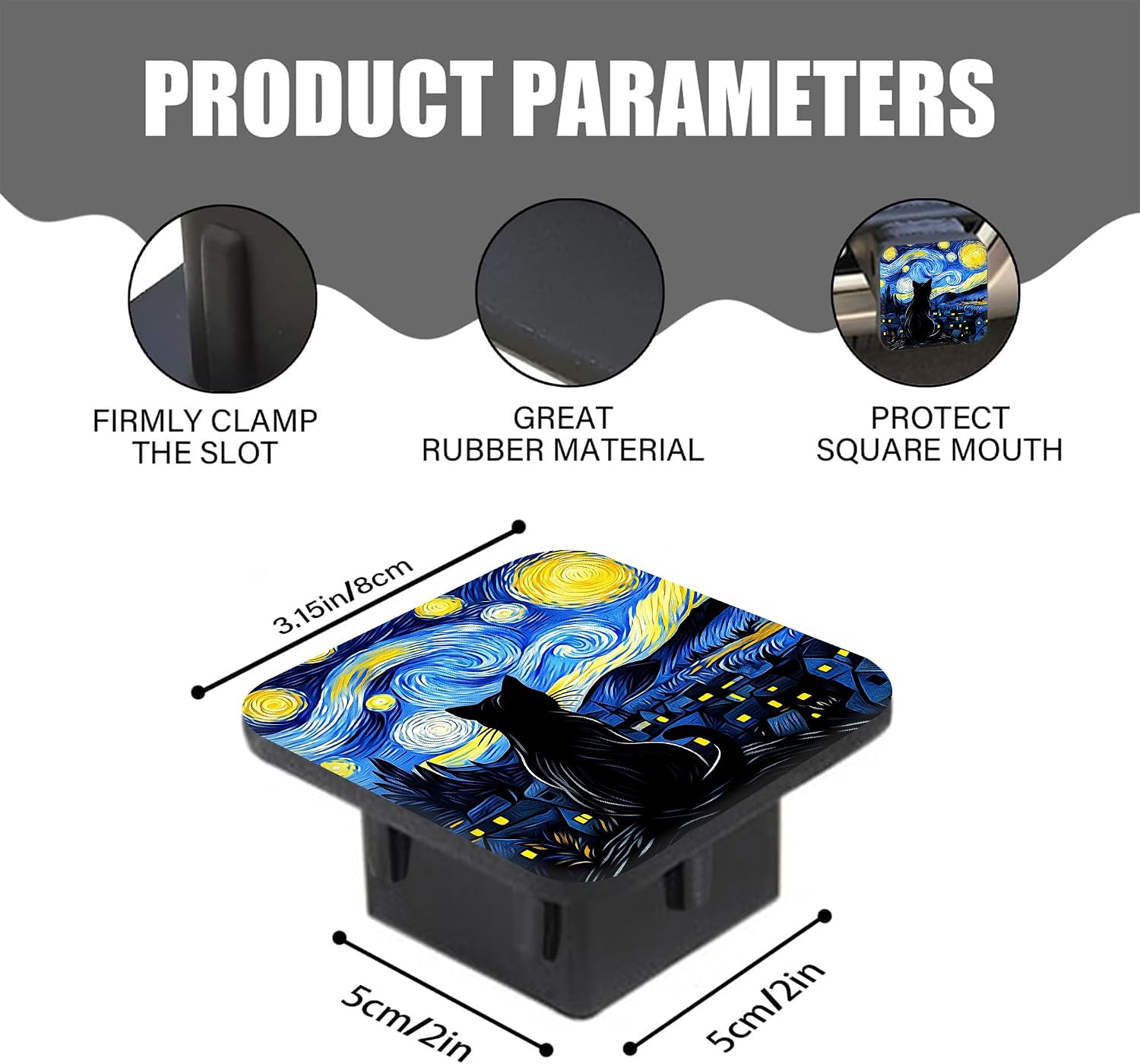 Black Cat Trailer Hitch Cover Abstract Starry Night Square 2 Inch Receiver Tube Plug Cover Compatible with Most Models Hitch Receivers Plug Fits Most Cars