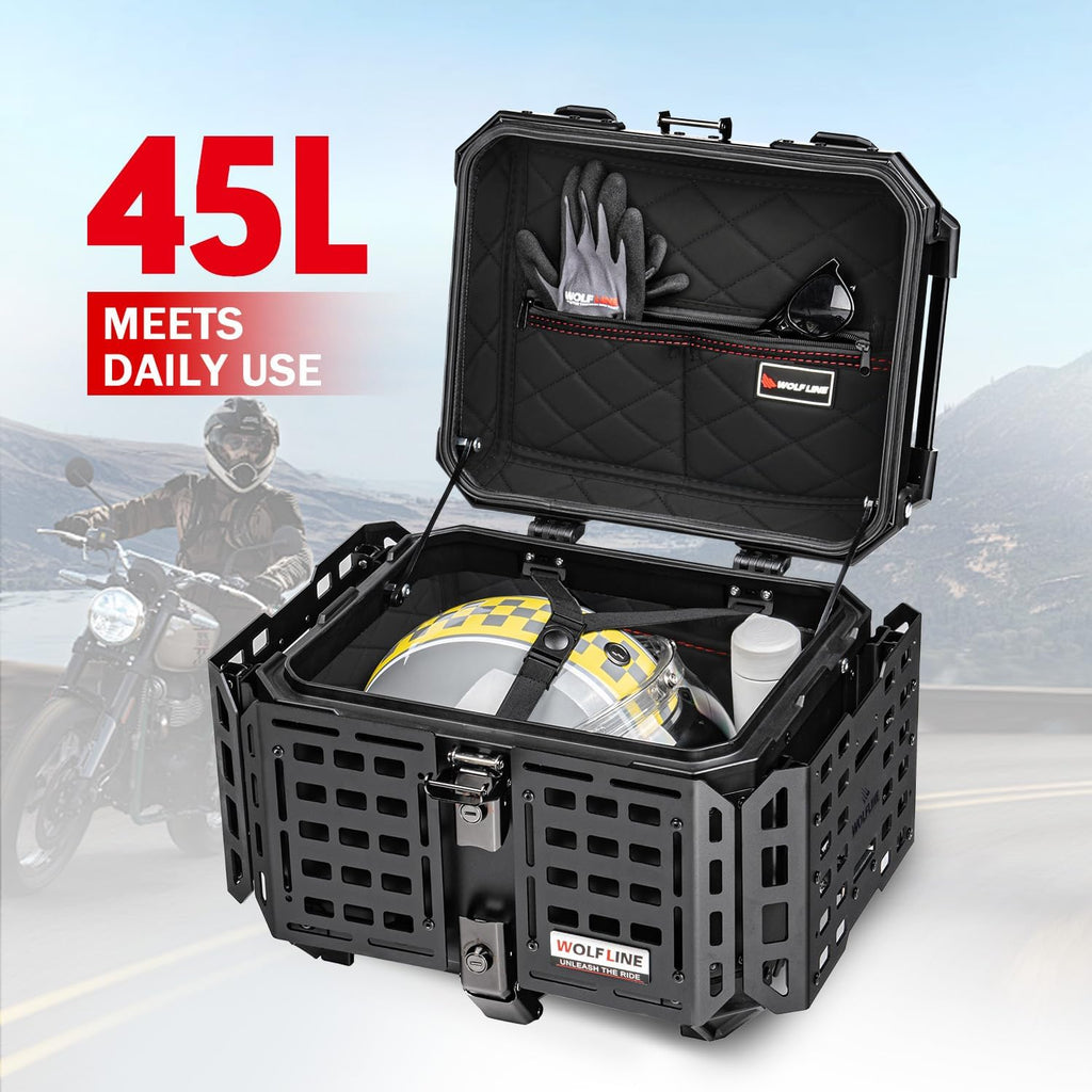 Motorcycle Top Case, 45L Universal Tail Box Motorbike Luggage Storage Trunk | Expandable Side Tray, Easy Install Quick Release Detachable, Waterproof Rustproof Dustproof, Backrest Cushion Anti-Theft Lock