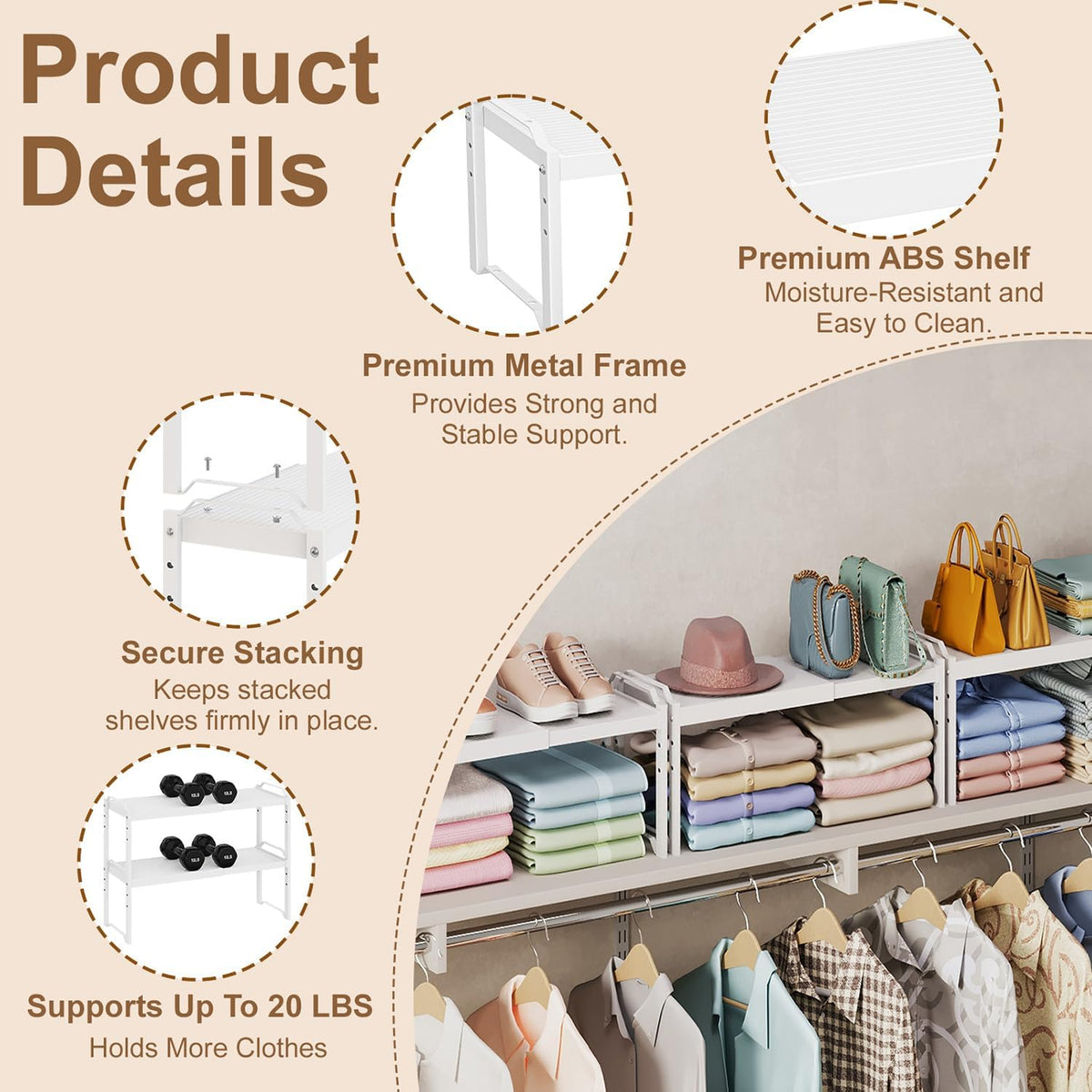 cottage charm expandable stackable closet shelf organizer, adjustable, front angle view