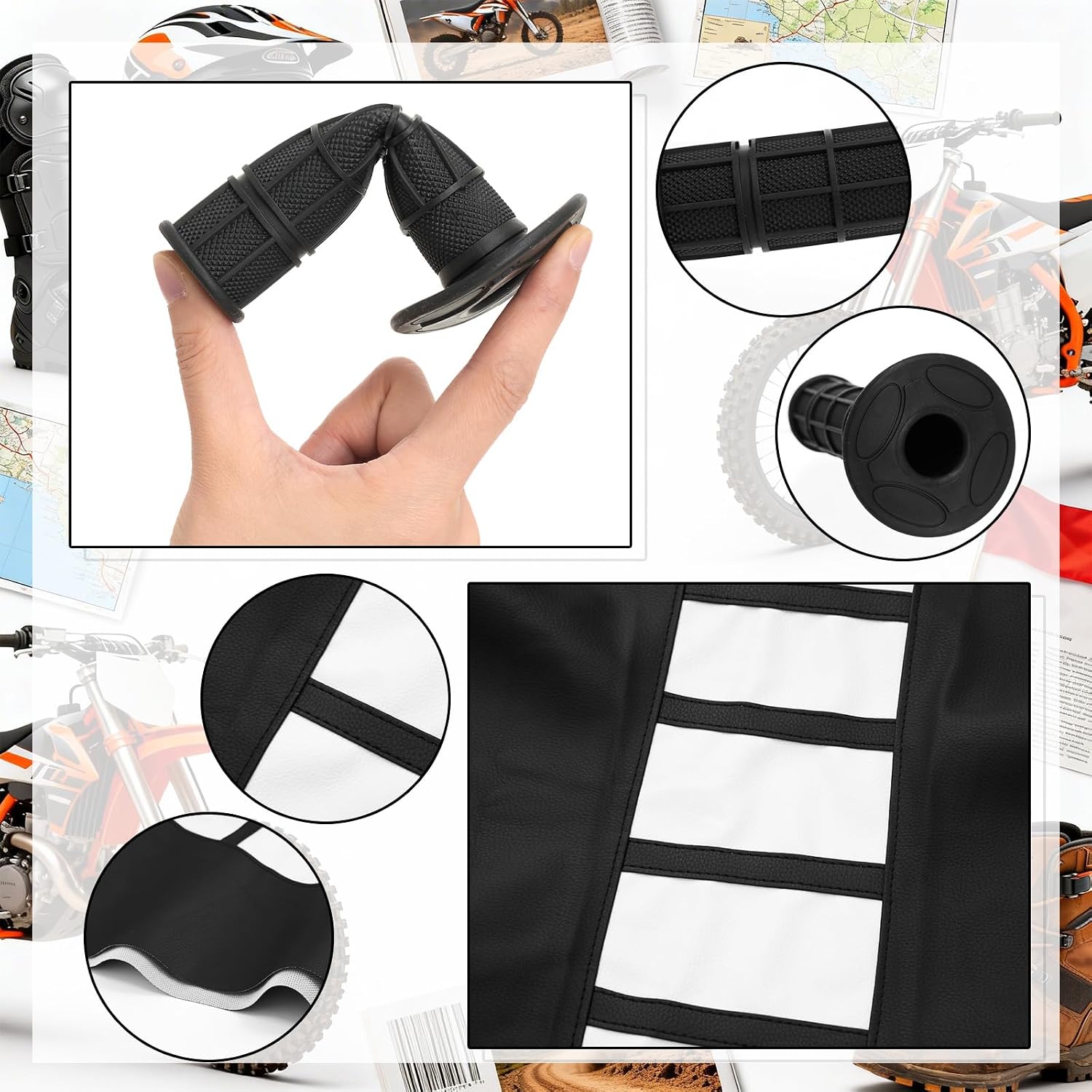 Tallew 3 Pcs Black Stripe Seat Cover and 7/8" Motorcycle Hand Grips Set, 1 Soft Non-Slip Seat Cover Universal and 2 Dirt Bike Grips for Dirt Bike Ebike Motorbike Motorcross