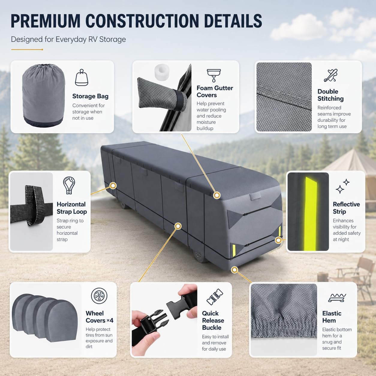 Class A RV Cover for 2025 Holiday Rambler Vacationer 33C, Multi Layer Nonwoven Fabric with Secure Fit Strap System, Breathable Air Vents and Zipper Access Panels