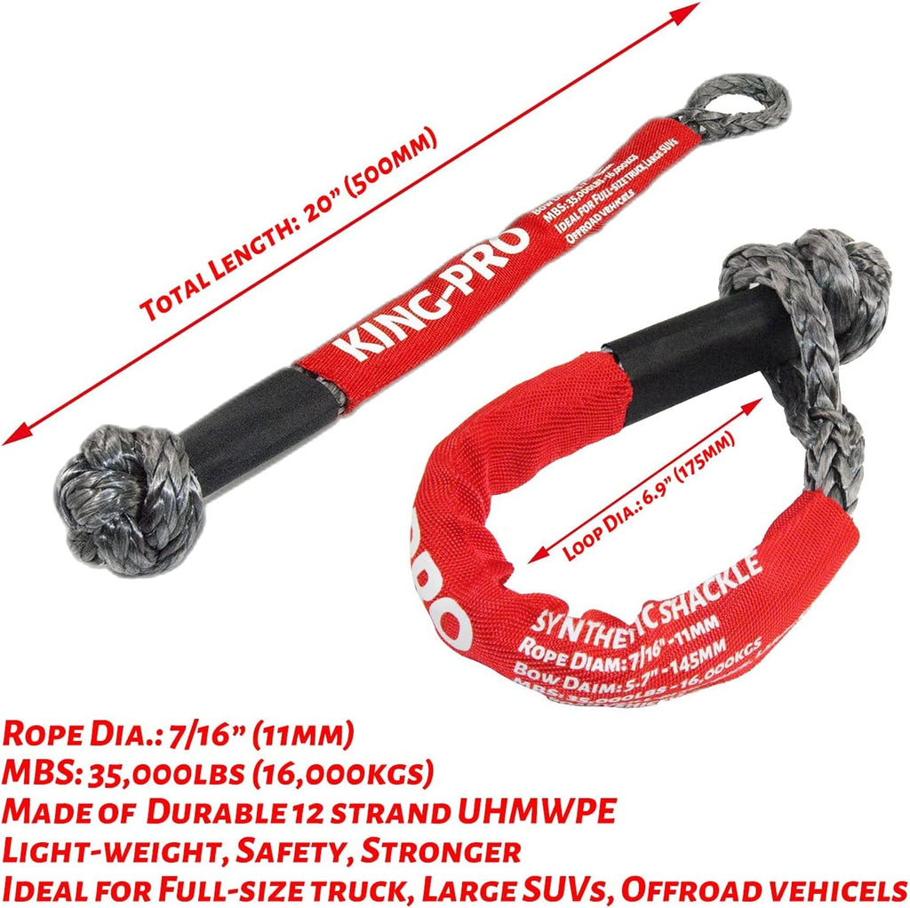 KING-PRO Synthetic Shackle 7/16"x20" Soft Shackle 35,000lbs Breaking Strength Recovery Soft Shackle with Protective Sleeves for Full-Size Truck Large SUVs Offroad Vehicels 2-Pack (Red-Gray)