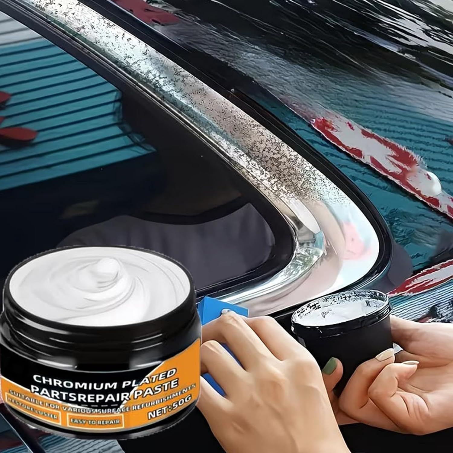 Chrome Rim Cleaner - 50g Oxidation Removal Paste,with Sponge Chrome Rust Remover,for Boats Automobiles Tires Trucks SUV RV Electroplating Strips Door Handles Glass Panels Bumpers
