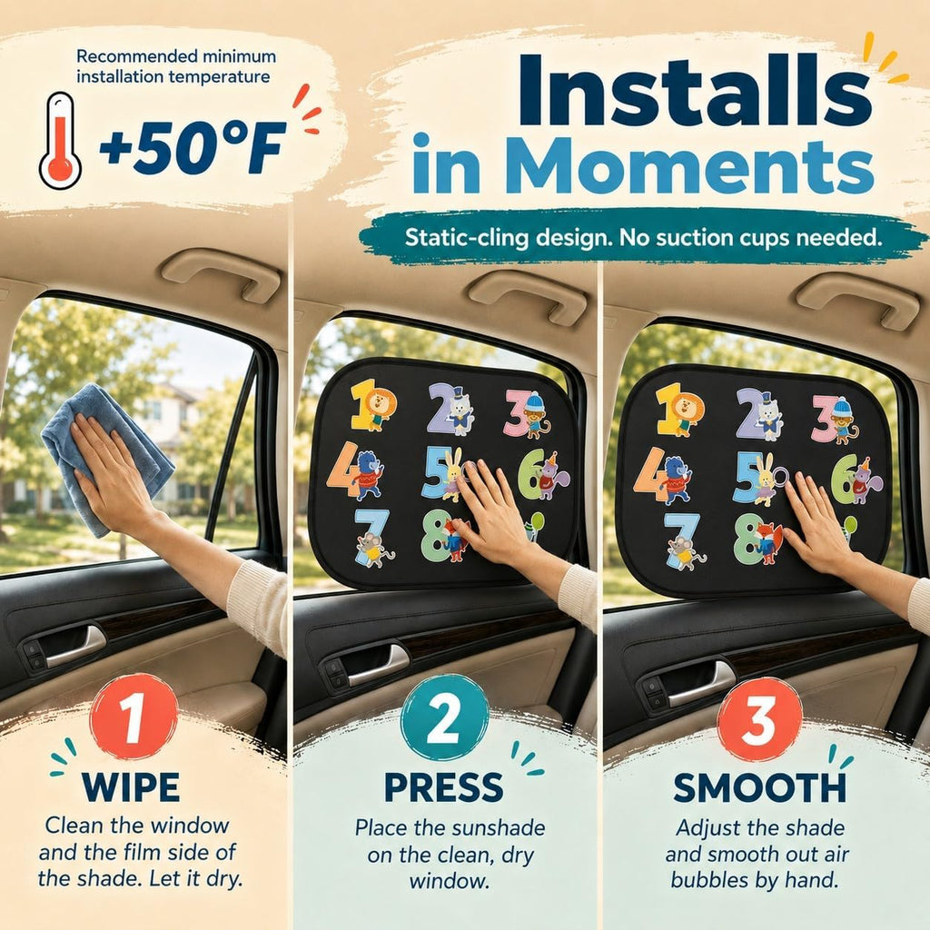 Car Window Shade for Baby Kids, 2 Pack Cartoon Animal Side Window Sun Shades, UV Protection Baby Car Window Shades for Sun Glare, Heat & Travel Comfort (Numbers)
