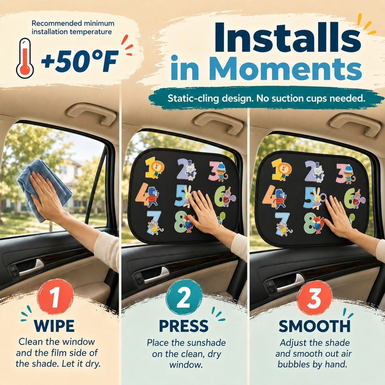 Car Window Shade for Baby Kids, 2 Pack Cartoon Animal Side Window Sun Shades, UV Protection Baby Car Window Shades for Sun Glare, Heat & Travel Comfort (Numbers)