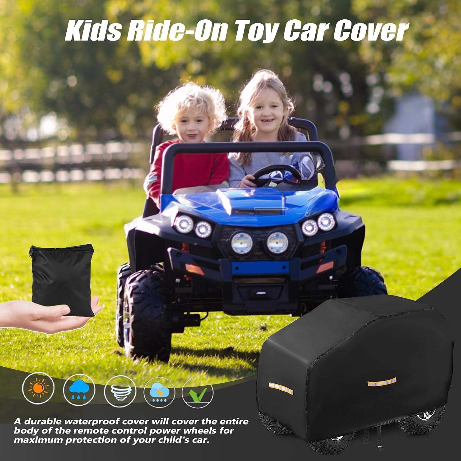 Large Kids Car Cover，Upgraded Power Wheels Covers Waterproof All Weather，Heavy Duty Kids Ride-On Car Cover with Nano Coating,Windproof Buckle and 3 Reflective Strips,Universal Kid Ride-on Accessories
