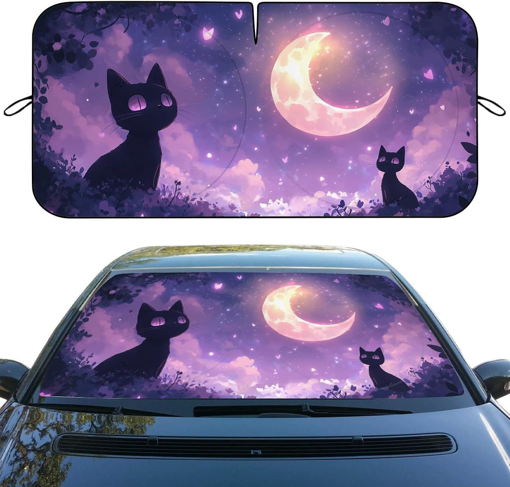 Black Kitten Car Front Window Sun Shield Crescent Moon Purple Sky Stars Windshield Sun Shade Visor Protector for Car Sedan Truck SUV Accessories 59" L x 31.5" W