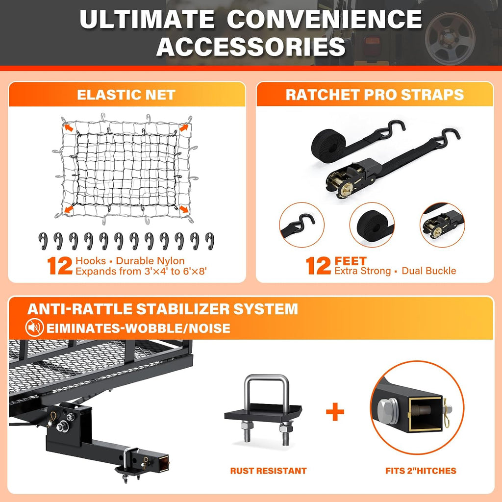Wildroad 500 Lbs Hitch Cargo Carrier Set, Heavy Duty Cargo Carrier Hitch Mount 60"x24"x14" for 2" Receiver, SUV Car Truck, Includes Waterproof Cargo Bag, Cargo Net, Straps & Dual Tightener