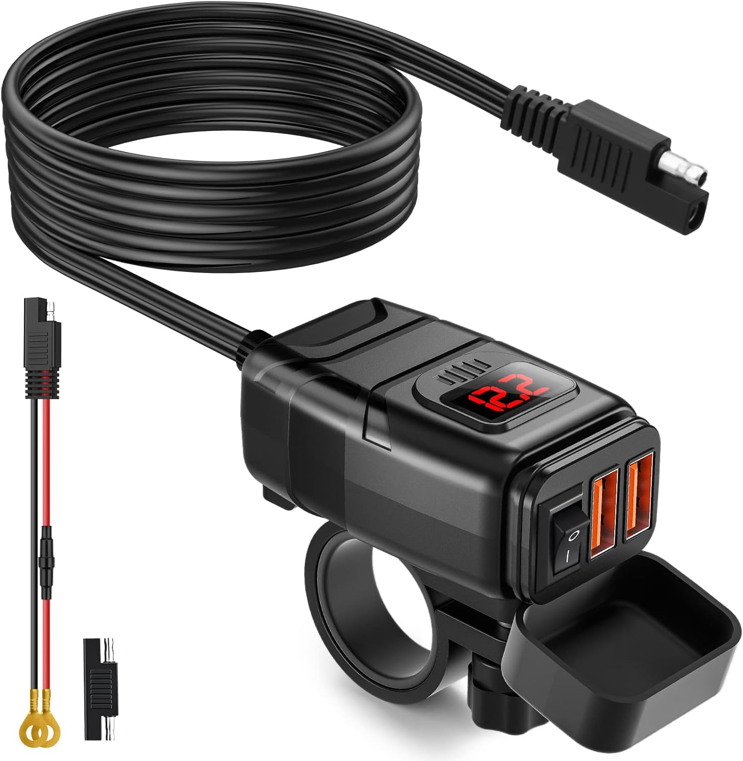 EXTRACTME Motorcycle USB Charger, 6.8A Quick Charge 3.0 Dual USB Motorcycle Phone Charger with Voltmeter & ON/Off Switch, Waterproof Quick Disconnect SAE to USB Adapter for Phone, Tablet, GPS