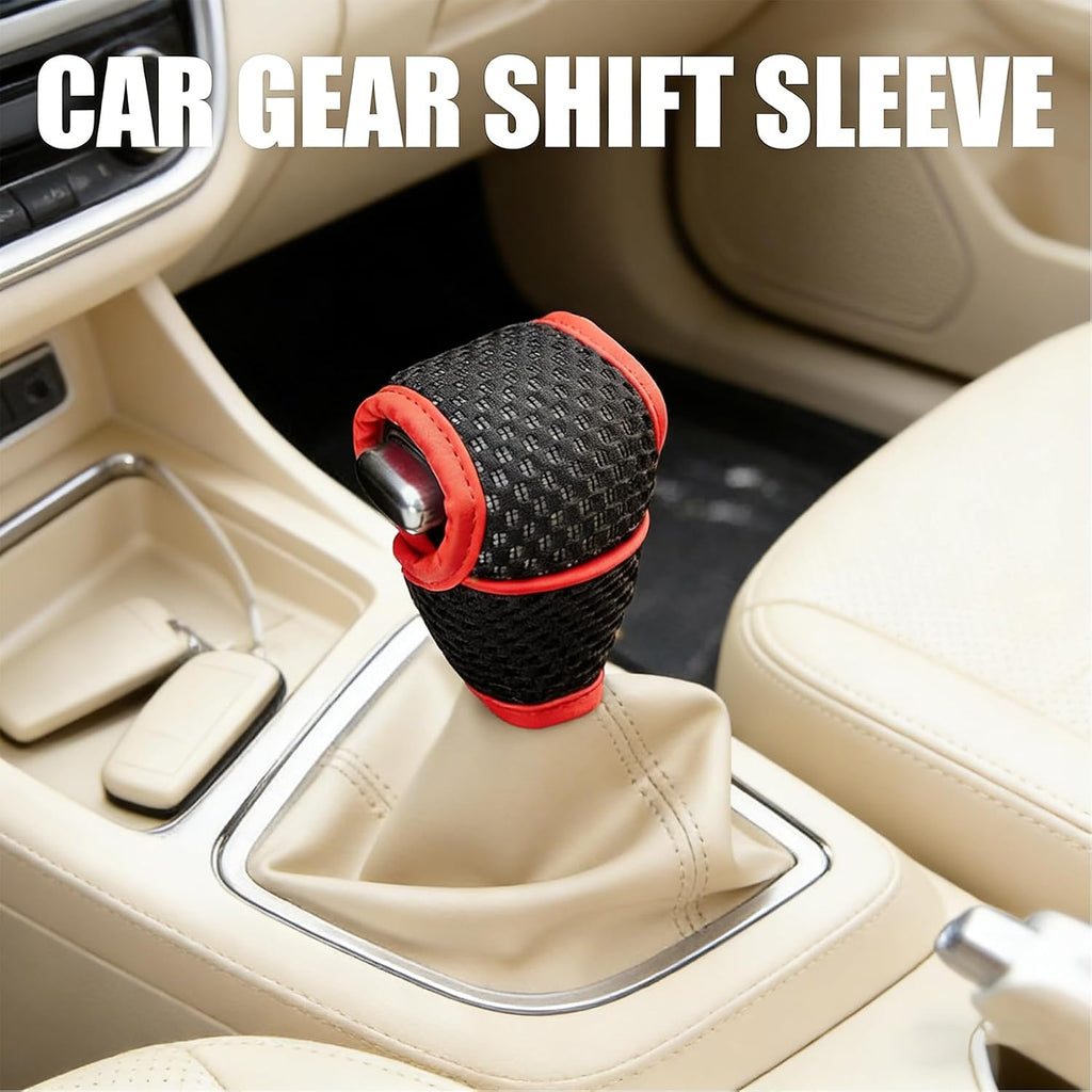 Car Gear Shift Knob Cover, 5D Mesh Fabric Car Gearshift Protector, Anti-Slip Breathable Vehicle Shifter Lever Dust Cover, Universal Decorative Accessories for Cars, Trucks, SUVs (Black Red)