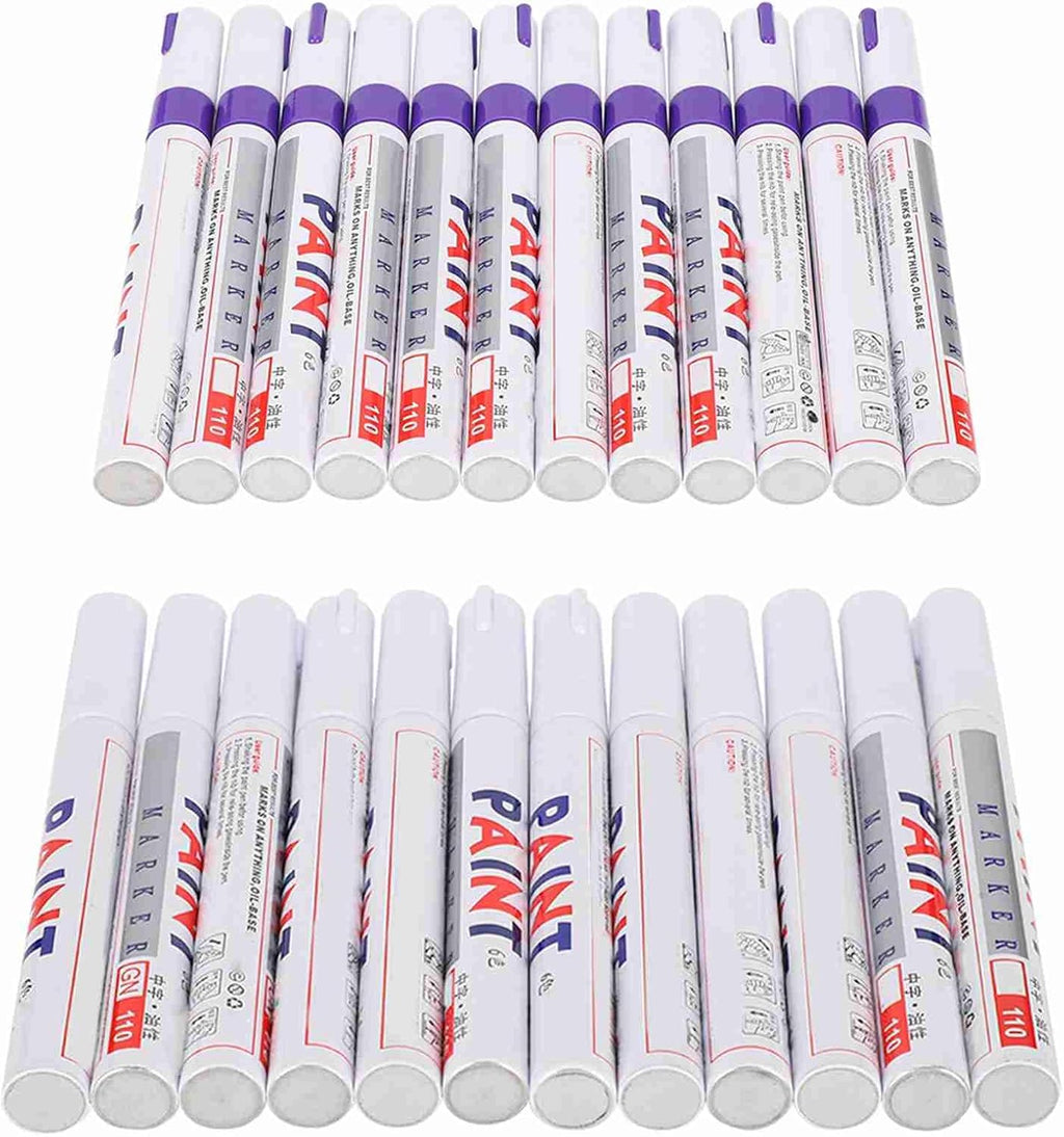 Paint Pen Refill Pack, Permanent Oil - Based Marker, White and Purple, Waterproof, 24pcs - Durable Fiber Tip, Multi - Surface Use, Ideal for Car, Tire, Glass, Metal