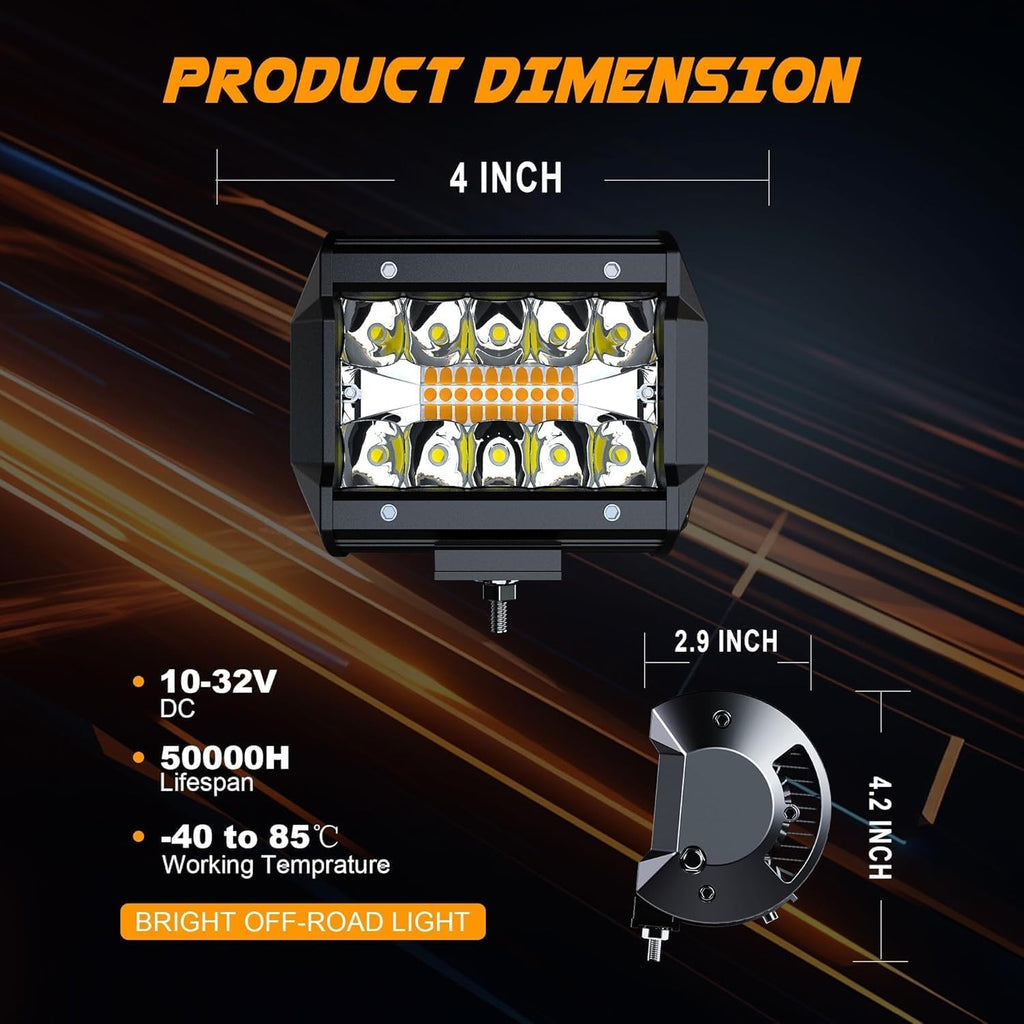 aslong 4pcs 4 inch white/amber yellow led pods, close-up detail