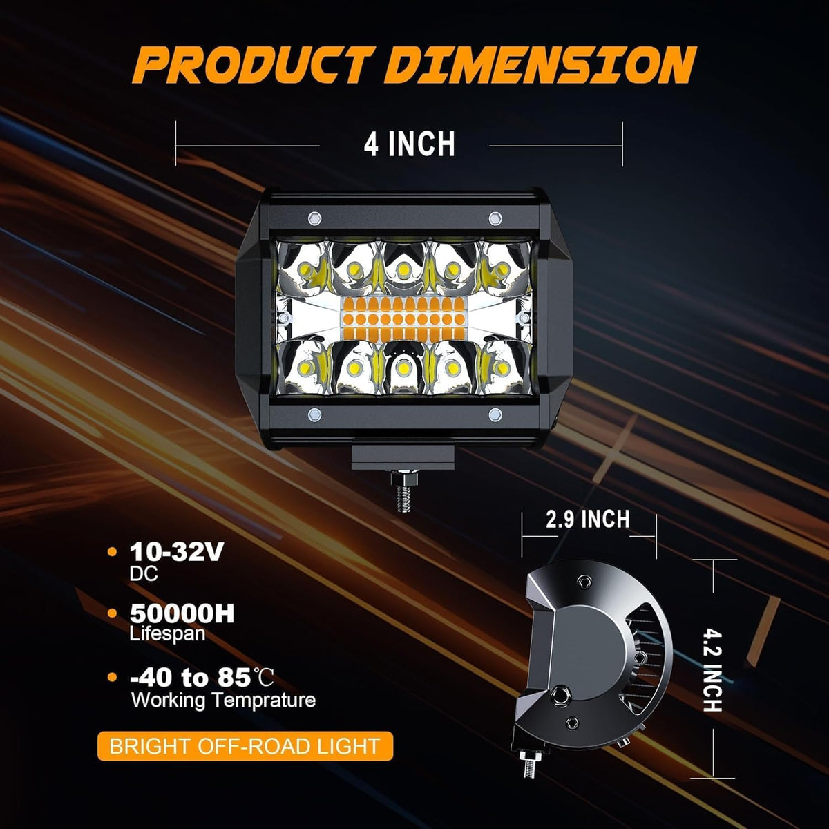 aslong 4pcs 4 inch white/amber yellow led pods, close-up detail