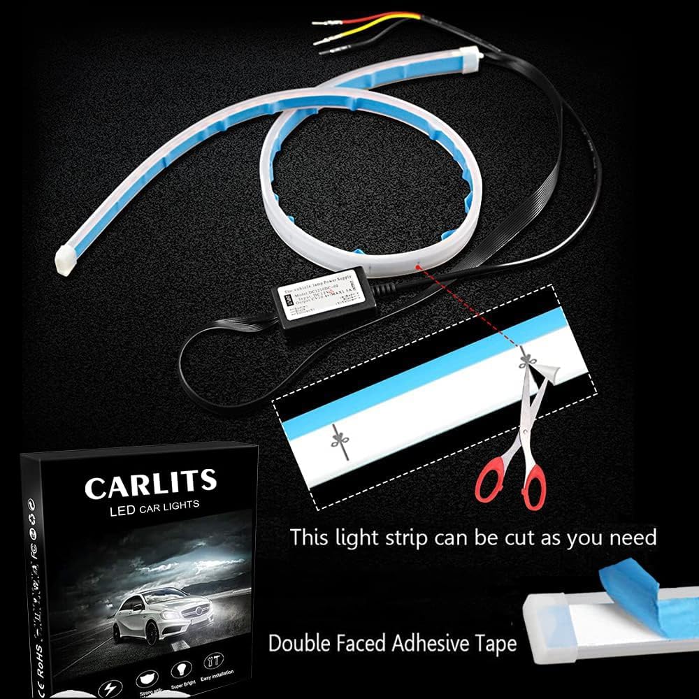 Car LED Strip Lights, 2 Pcs 24 Inch Flexible Headlight Strips DRL Light Tube, Dual Color White and Amber Daytime Running Lights Waterproof Neon Turn Signal Bulb Sequential Switchback