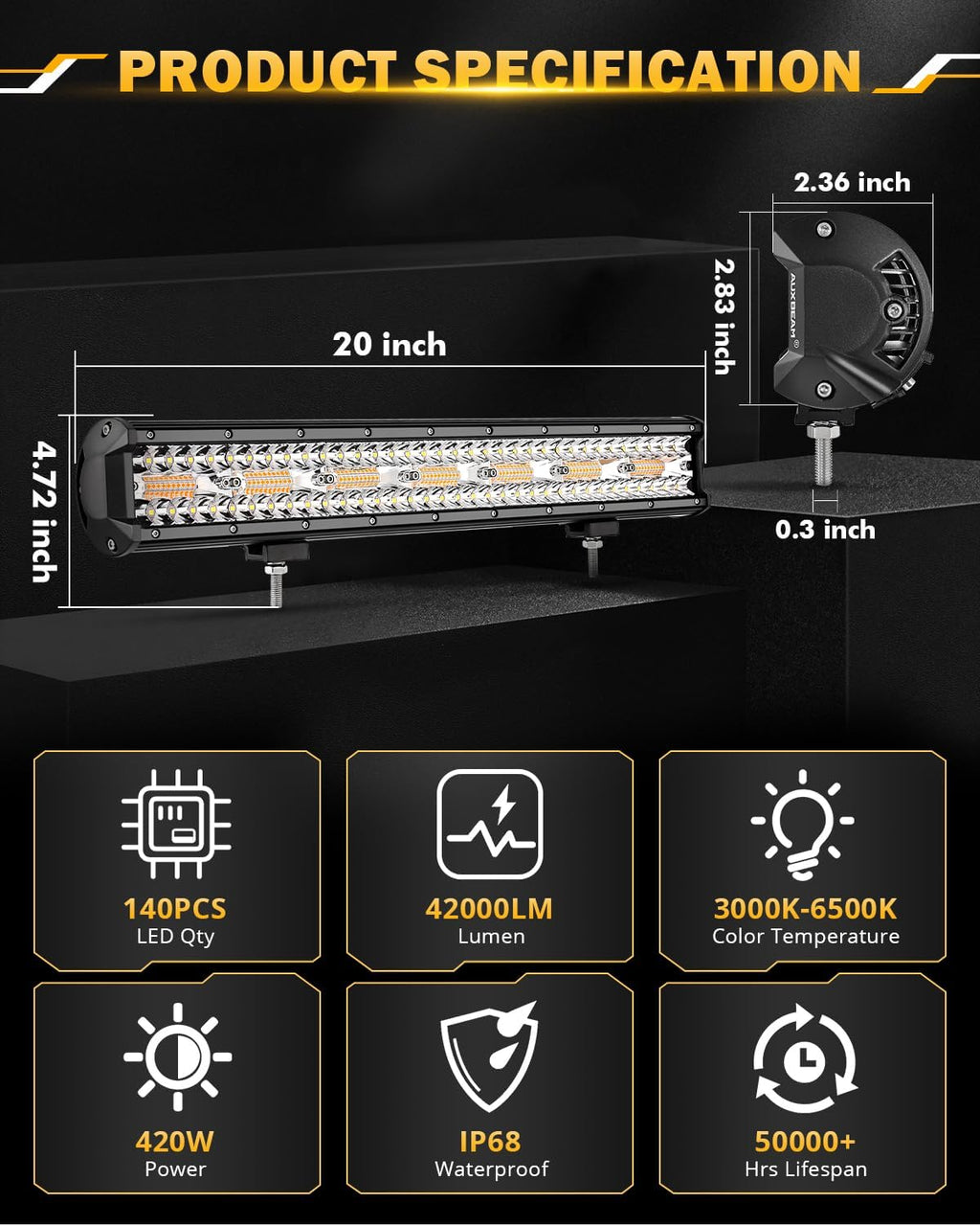 auxbeam led light bar 20 inch 420w 6, side view