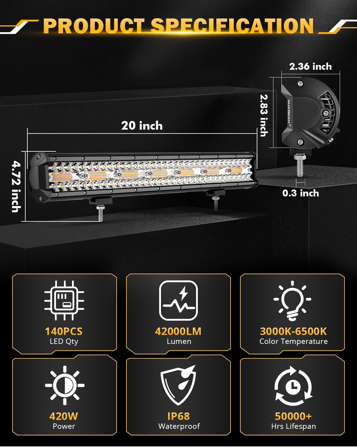 auxbeam led light bar 20 inch 420w 6, side view