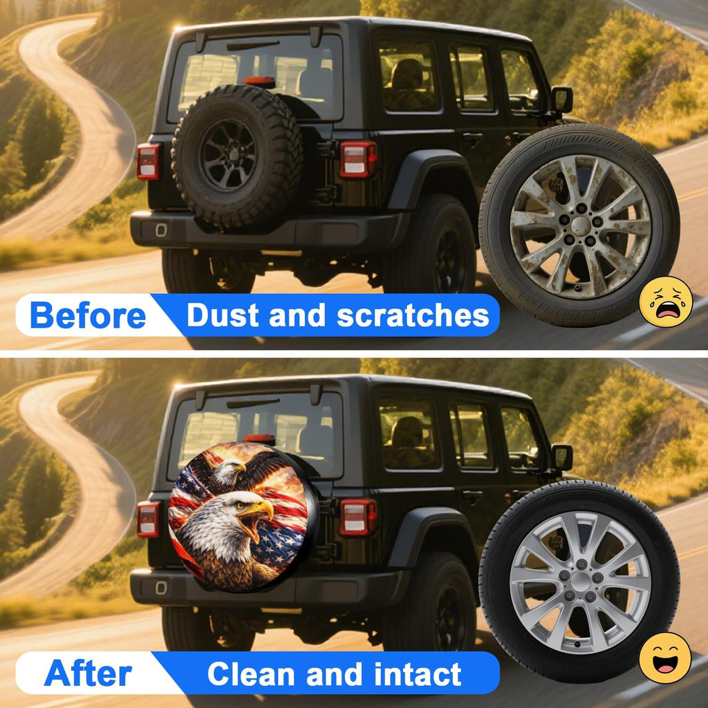 Custom Spare Tire Cover with Text, Personalized Waterproof American Flag & Bald Eagle Tire Cover for Jeep Wrangler, RV, Trailer 14" 15" 16" 17" Patriotic Outdoor Car Accessory