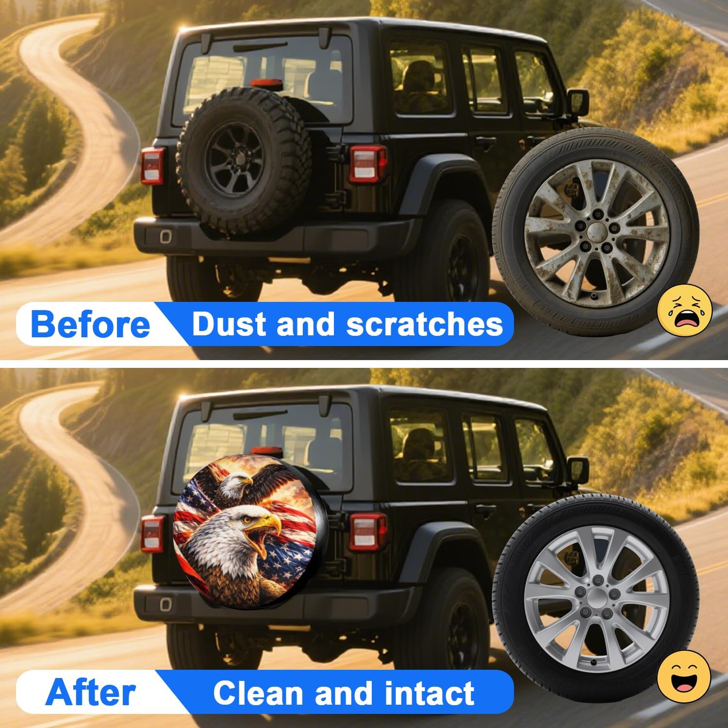 Custom Spare Tire Cover with Text, Personalized Waterproof American Flag & Bald Eagle Tire Cover for Jeep Wrangler, RV, Trailer 14" 15" 16" 17" Patriotic Outdoor Car Accessory