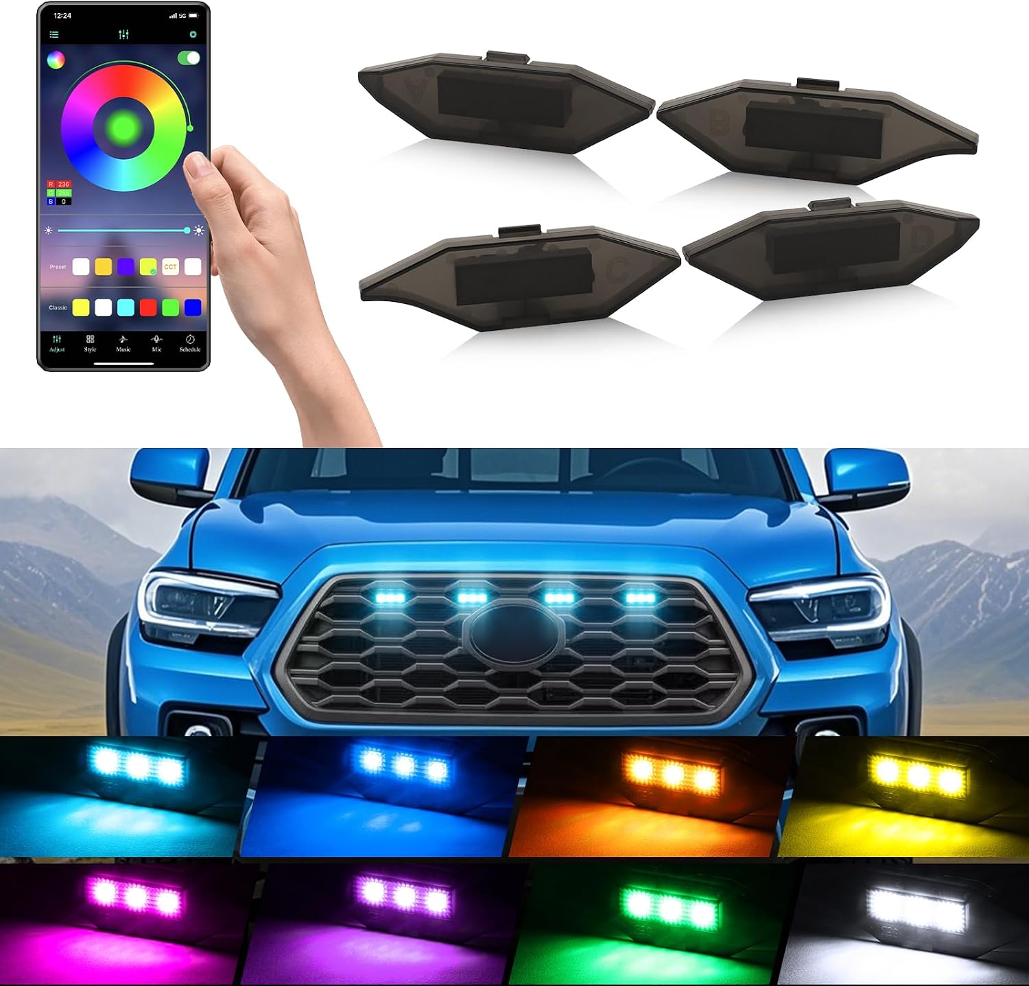 RGB Led Grille Lights for Toyota Tacoma Raptor Grills Light 2020-2023 | 4 in 1,smorked ,Oem Grille rgb lights for TRD Off Road Sport tacoma upgraded front bumper mesh mask cover