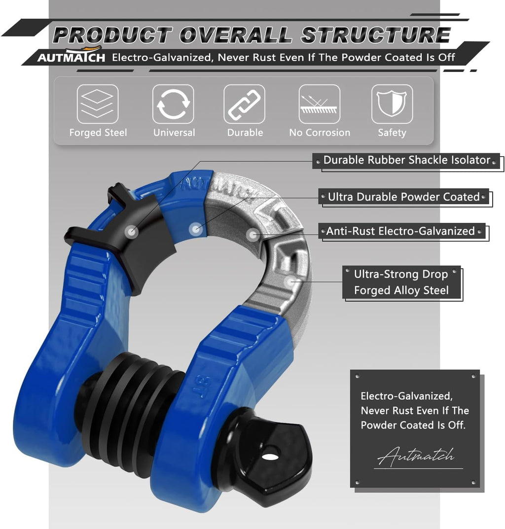 autmatch 3/4" mega d ring shackles (2-pack), side view