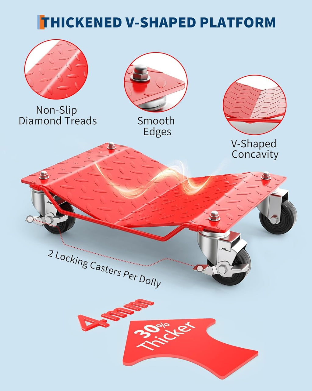 2 Pack 3000lbs Car Wheel Dolly with Brakes, Heavy Duty Vehicle Skates for Effortless Moving of Cars, Trucks, Trailers, Motorcycles, Garage Tools, Red