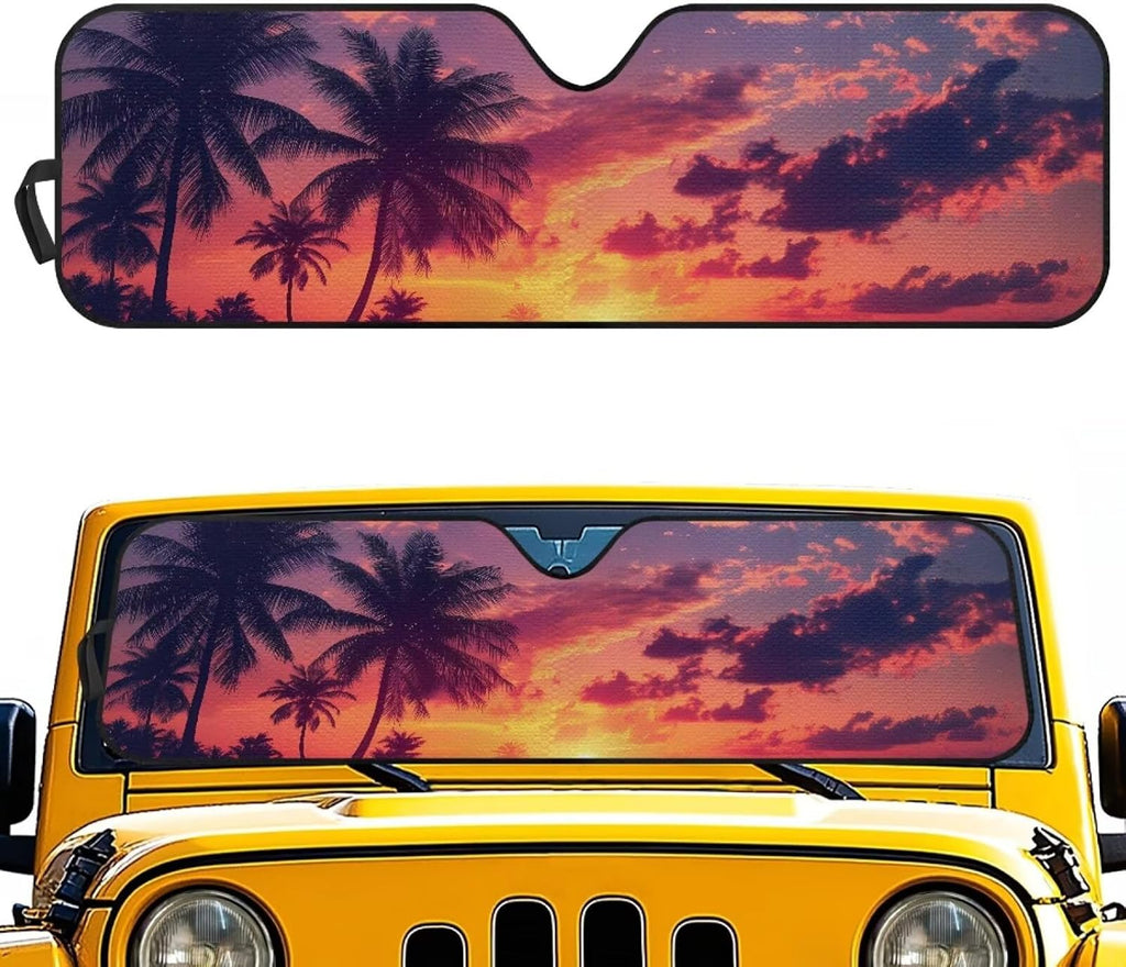 Palm Tree Windshield Sun Shade for Jeep Wrangler JL JLU & Gladiator, Front Window Sun Visor Blocks UV Rays Foldable Sunshade
