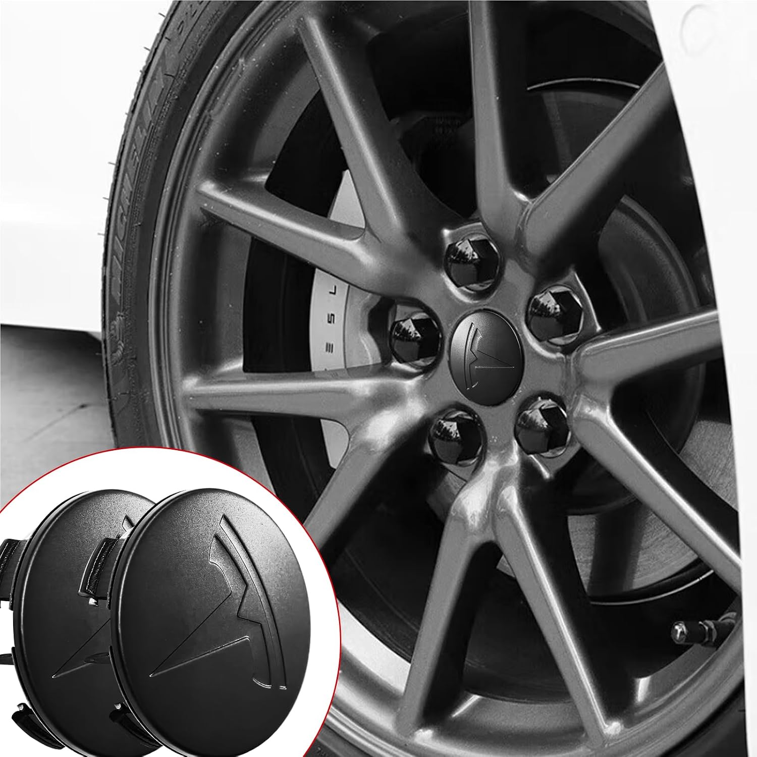 4 Pack Exterior Decoration Wheel Center Cover for Tesla Model 3 Model Y,56mm Hubcaps Wheel Rim Cover Tesla Center Caps Hubcaps+20 Black Lug Nut Covers (Matte Black+Matte Black Emblem)