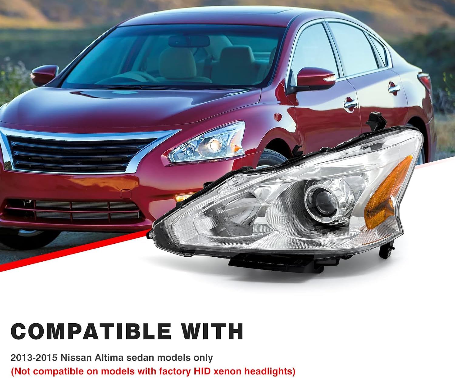 2013 2014 2015 Nissan Altima Headlight Assembly Only fit 4Door Clear Lens Chrome Housing with Amber Reflector Headlamp Replacement Left and Right Pair(Does Not Fit Xenon/HID)（W/O Bulbs）