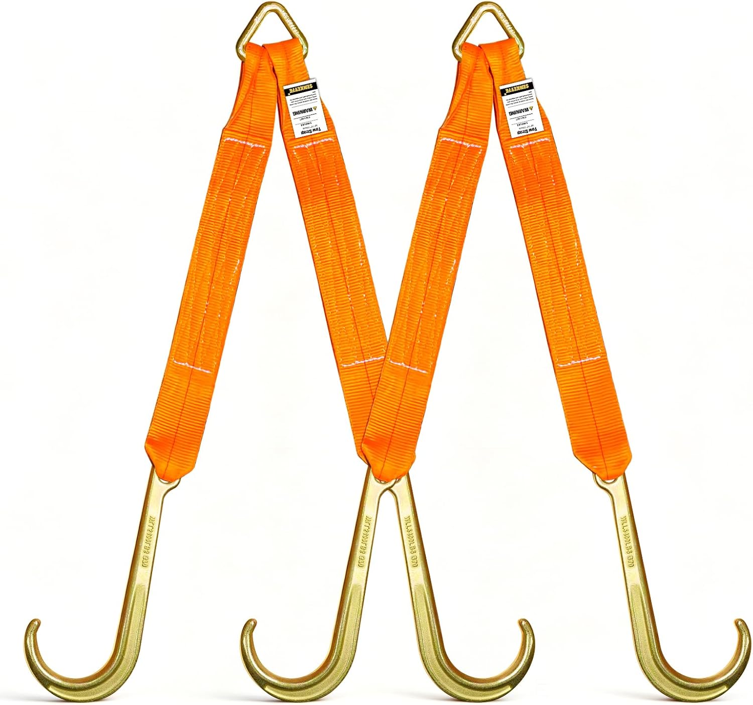 2 PCs 3" x 24" Recovery Tow V-Straps V Bridle w/15 J Hooks 5400LBS | 16200 LBS Breaking Capacity, 5/8" Forged Triangle Ring, Hi Viz/Hi Abrasion Webbing, Ideal for Wrecker Rollback Car Hauler