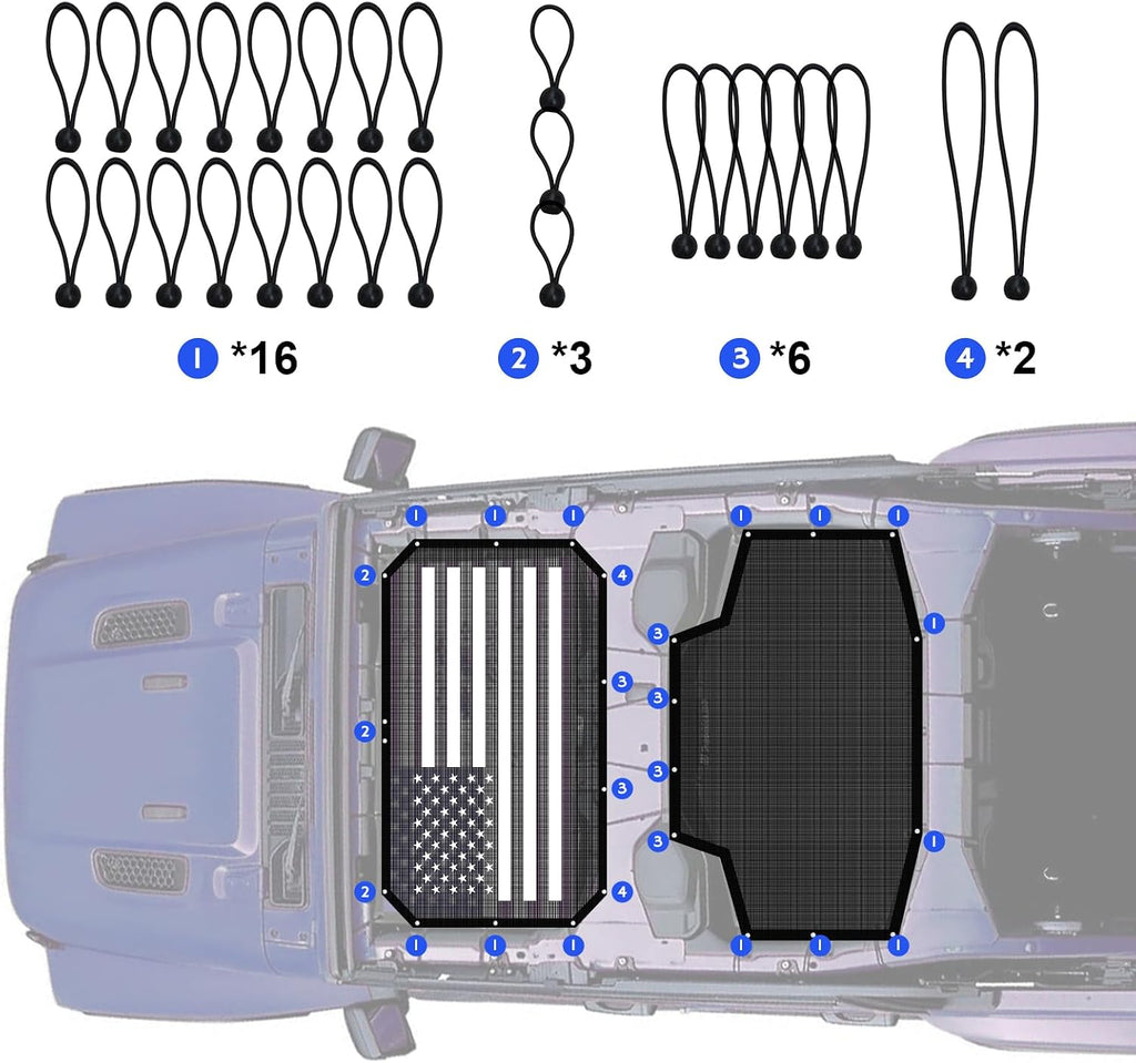 JKU Sunshade Mesh for 2007-2018 Jeep Wrangler JK Unlimited 4 Door, UV Protection Front & Rear Seat Cover, Thick PVC (American Flag & Black)