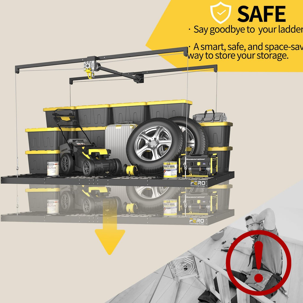 garage ceiling storage racks – 4x8 ft overhead, close-up detail