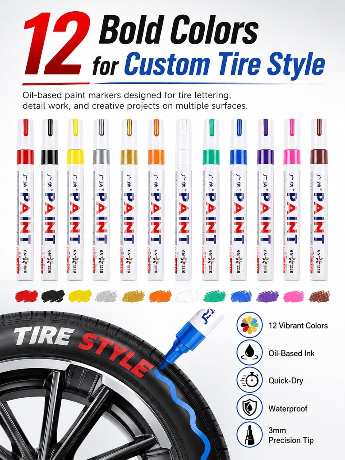 Oil-Based Tire Lettering & DIY Detail Pen Waterproof Quick-Dry Permanent | Paint Markers Letter Touch up Car 12 Colors 3mm Writing Width Lettering DIY Detail for Rubber Wood Glass Ceramic Metal