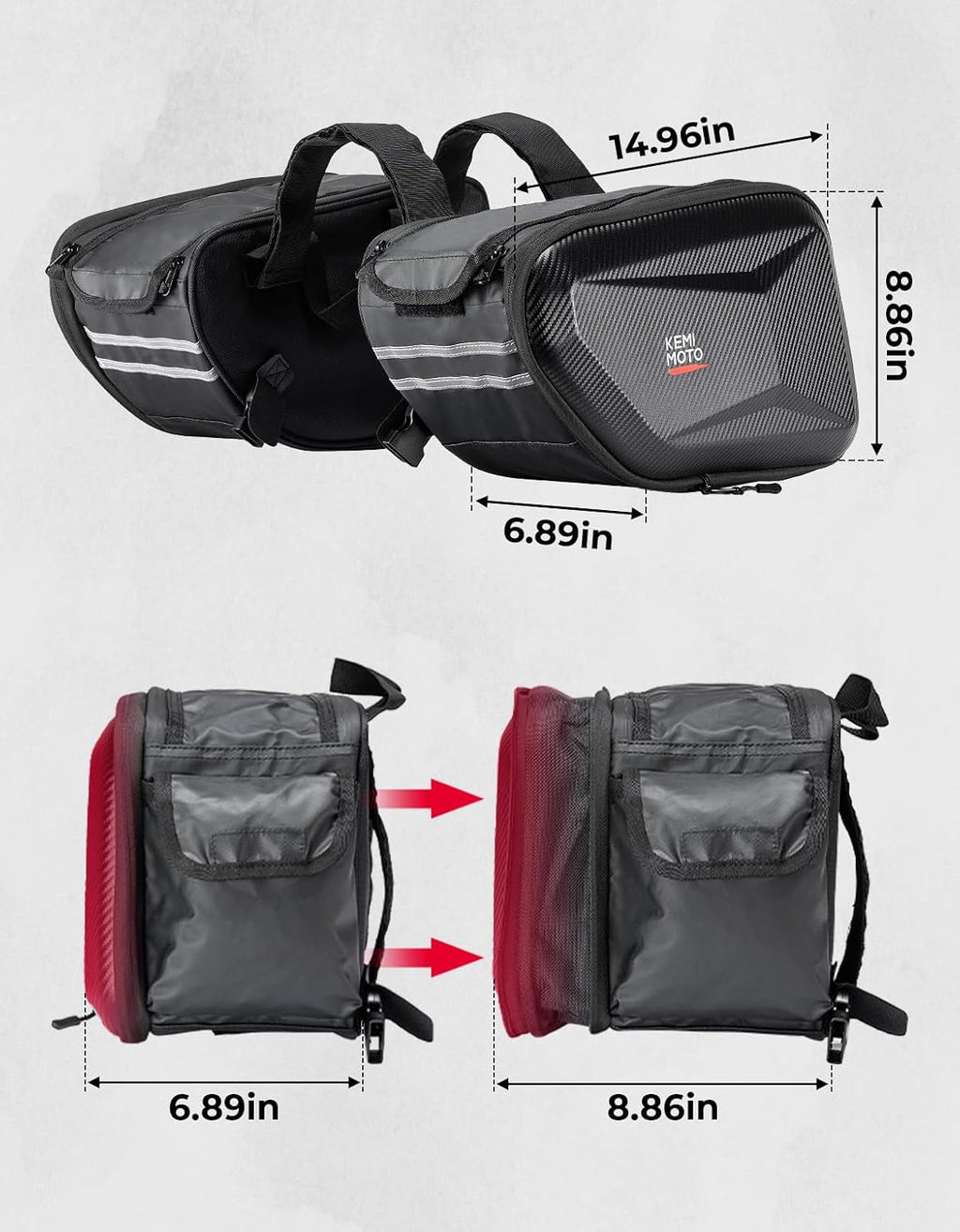 KEMIMOTO Motorcycle Saddlebags Expandable 20-30L Eva Hard Side Bag Compatible with Ninja500 400 Grom 2022-2025 Navi Z125 Dirt Bike Dual Sport Mini Motorcross Motorbike 30L