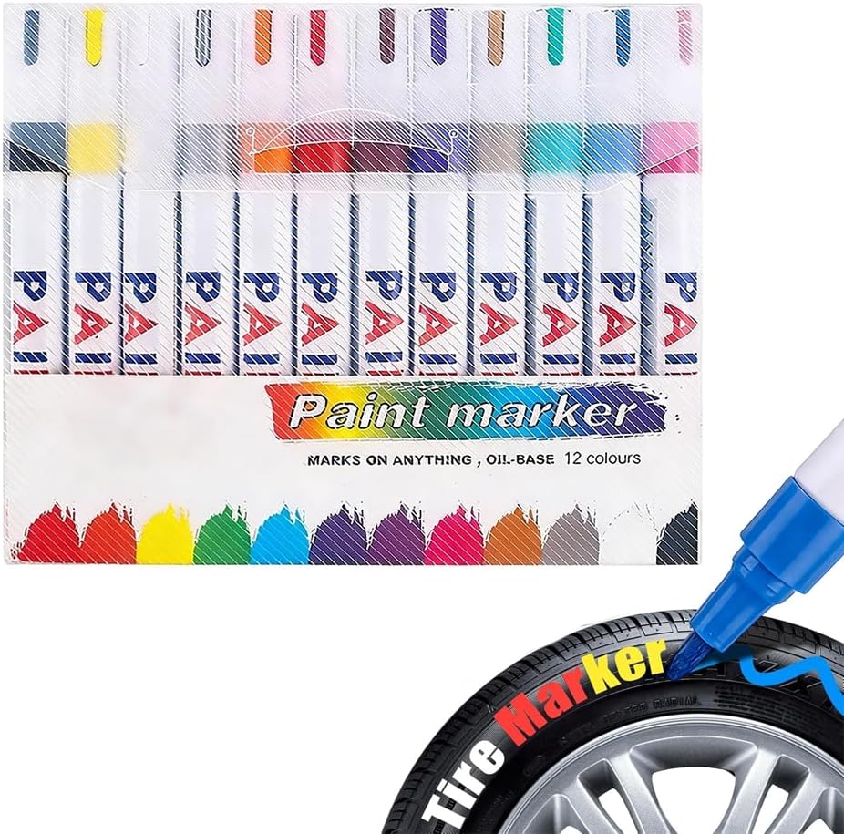 AIIONP 12 Colors Waterproof Tire Paint Pen, Permanent Oil-based Marker for Rims, Quick Drying Paint Markers Pen Set for Metal, Glass, Ceramic, Fabric, Wood, Plastic, Rock Painting (12 Colors)