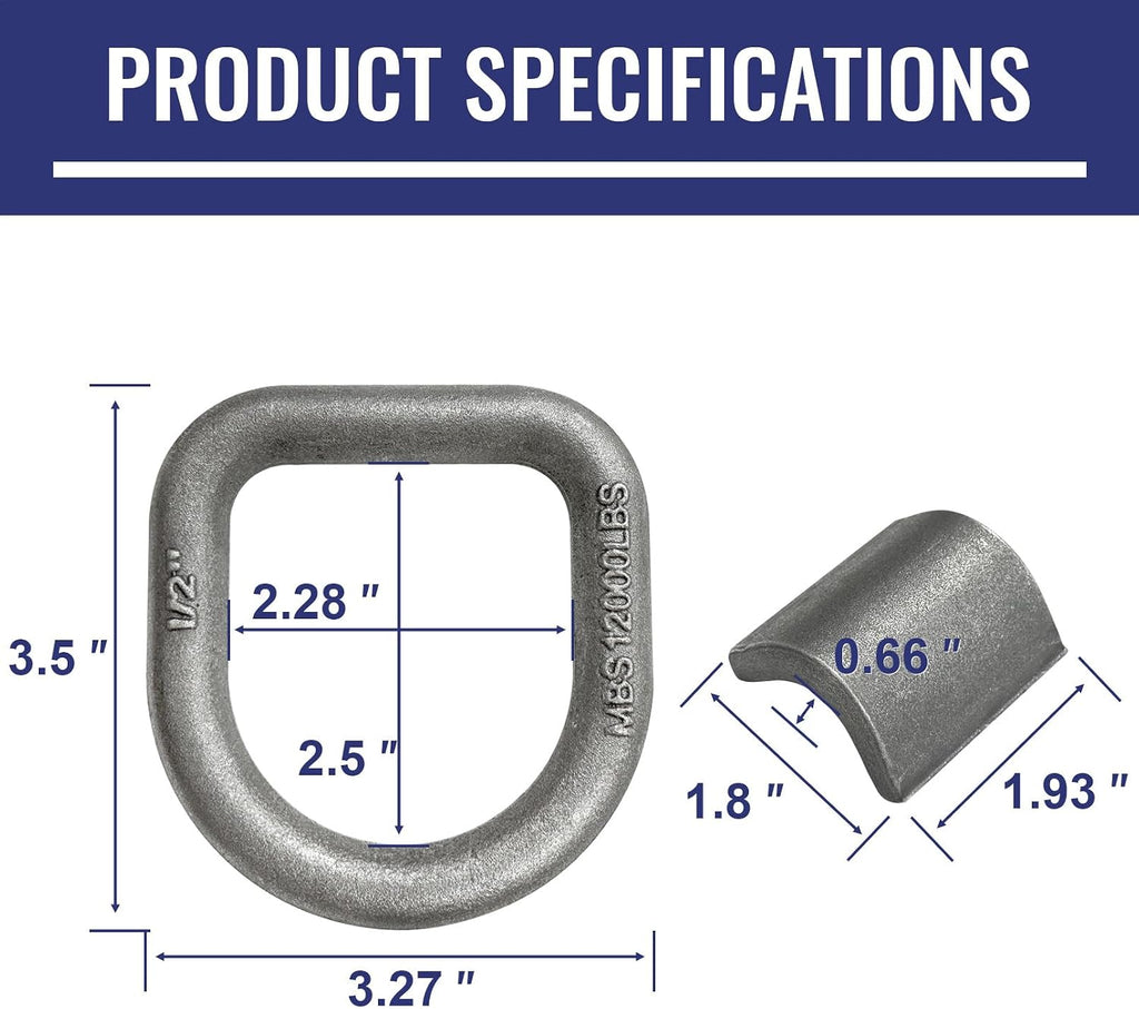 Grandroad auto 20 Pack Weld-On Forged D Ring, Heavy Duty 1/2" D-Ring Trailer Tie Down Anchor with MBS:12,000 lbs for Trailer, Truck Cargo, RV, ATV Tiedowns, Farm Applications and More.