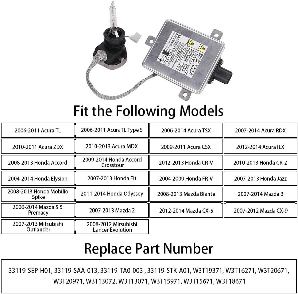 W3T19371 Xenon HID Headlight Ballast with Igniter & D2S Bulb Replacement for Acura TL TSX ILX ZDX RDX Honda Odyssey Mazda 3 5 CX-9 Mitsubishi Outlander Lancer - Replaces W3T15671 W3T16271