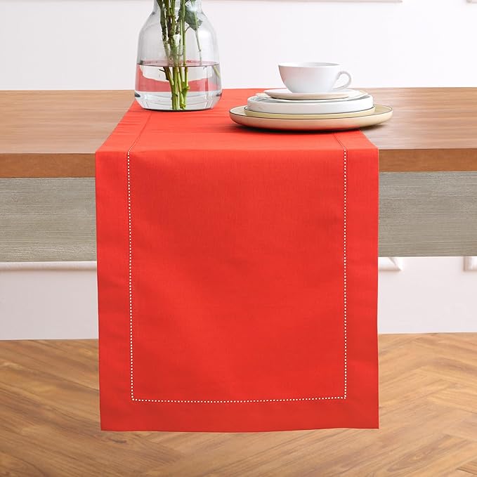 Solino Home Table Runner 90 Inches Long - Cotton Linen Hemstitch Poppy Red Ta...