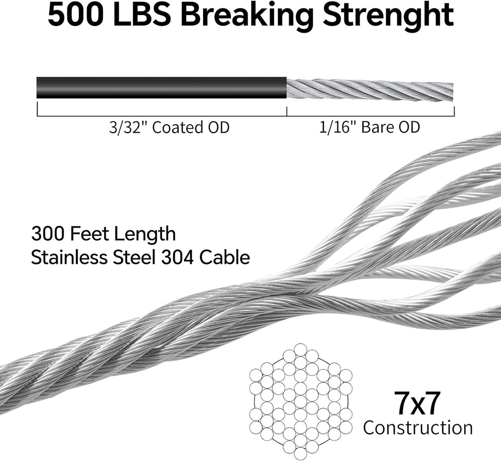 uze string light hanging kit, 300 ft coated showing dimensions