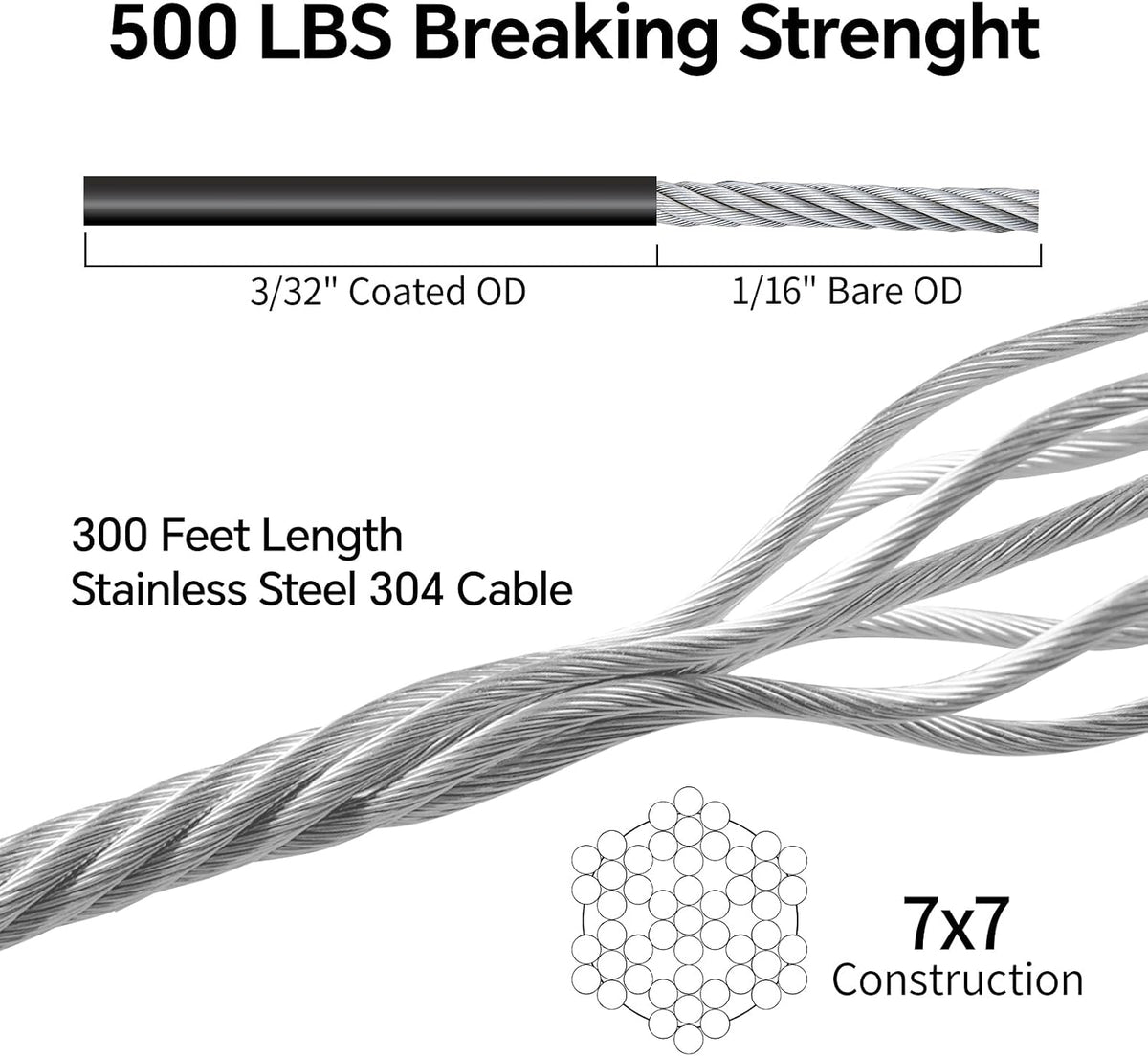 uze string light hanging kit, 300 ft coated showing dimensions