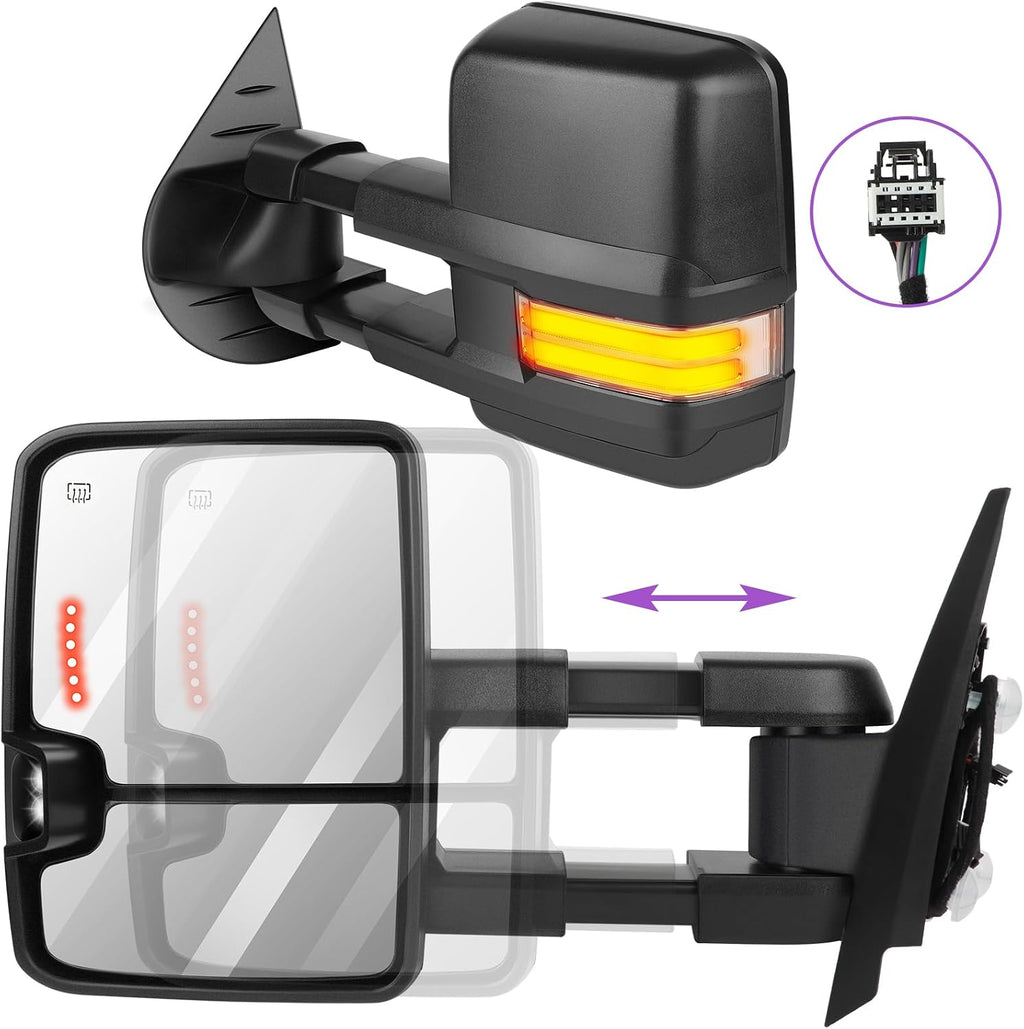 Tow Mirrors Pair suitable for 2007-2014 For Chevy Silverado For GMC Sierra 1500/2500 HD/3500 with Power Adjusted Heated LED Turn Signal Running Width Light BlackTowing Mirrors